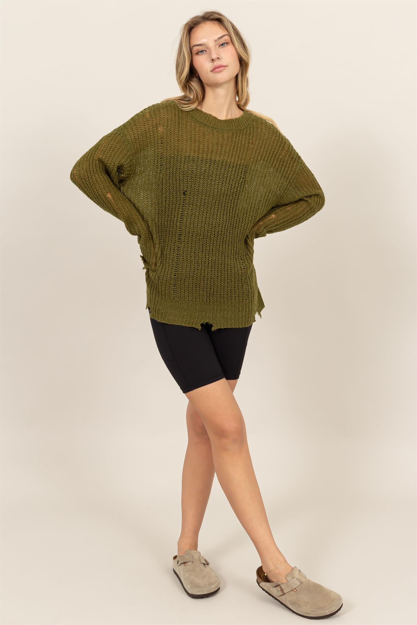 Wholesale Distressed Knit Sweater Sweaters DZ23F192 MOSS DOUBLE ZERO