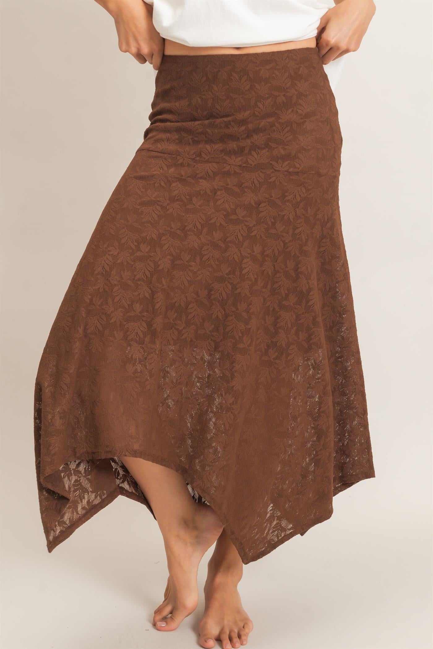 Wholesale Floral Lace Hanky Hem Skirt Skirts HF26E371 BROWN HYFVE