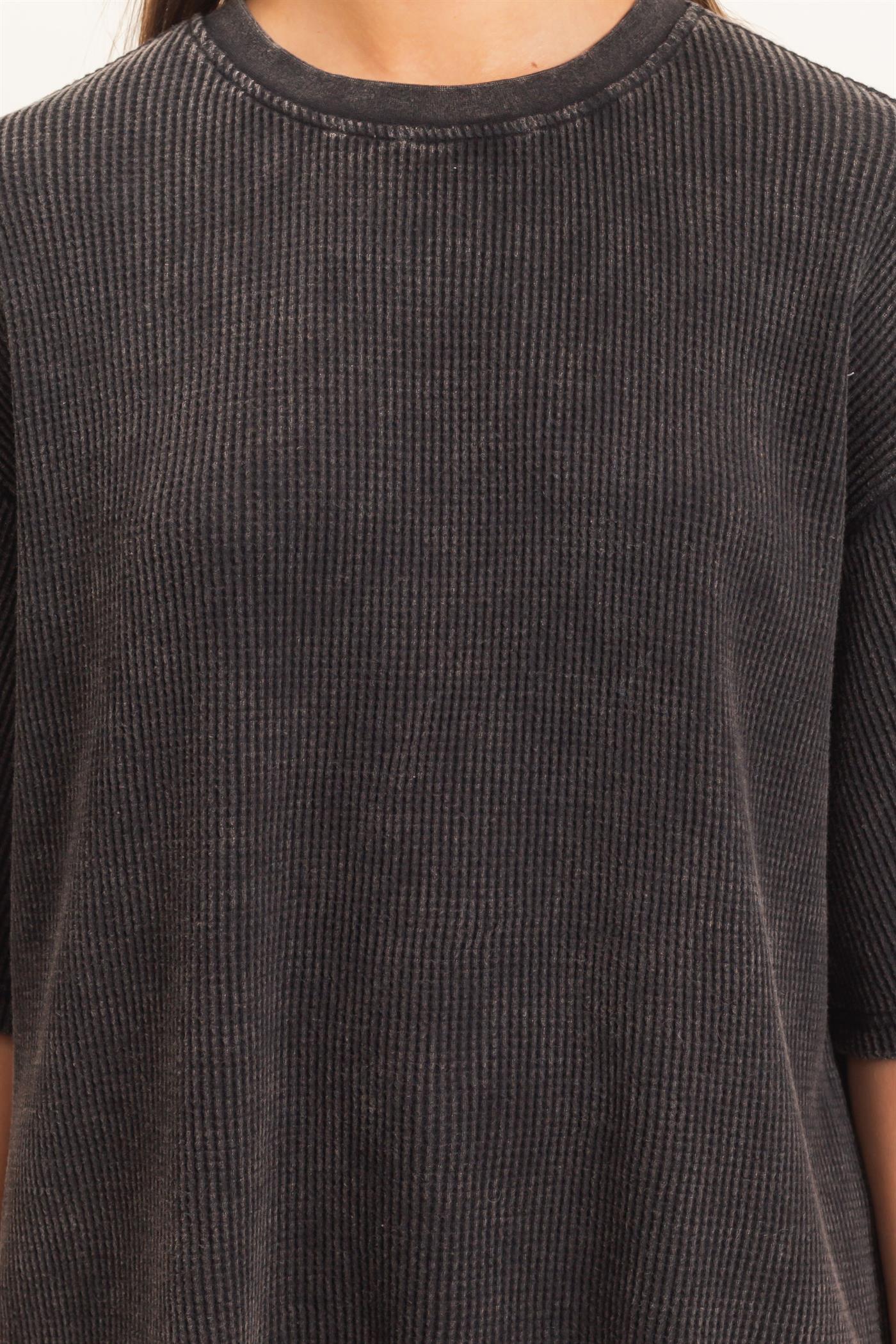 Wholesale Mineral Wash Waffle Crew Neck Short Sleeve Top Clothing Tops DZ26E328 BLACK DOUBLE ZERO