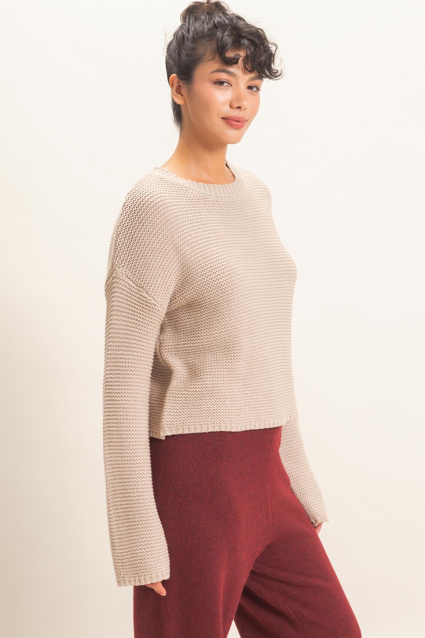 Wholesale Textured Knit Crew Neck Sweater Sweaters DZ26F395 TAUPE DOUBLE ZERO