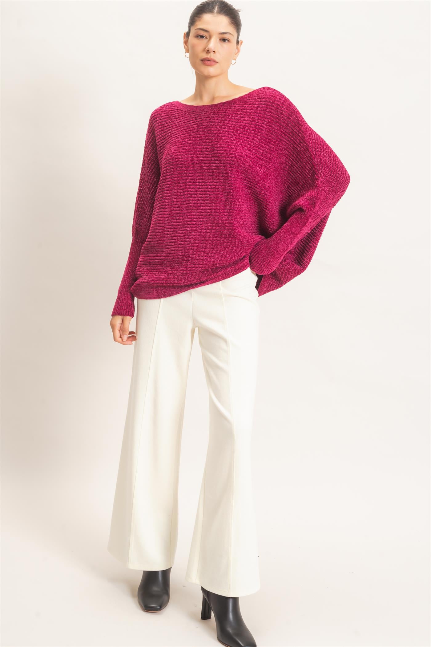 Wholesale Chenille Boat Neck Dolman Sleeve Sweater Sweaters HF26F185 BURGUNDY HYFVE