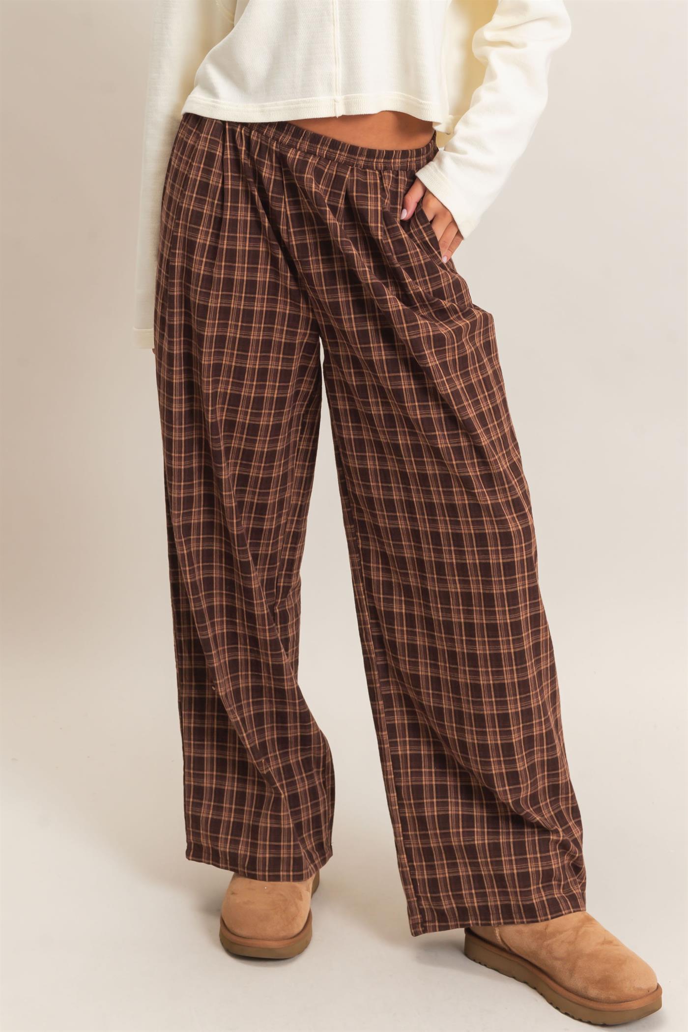 Wholesale Elastic Waist Plaid Pants Pants DZ26E375 BROWN DOUBLE ZERO