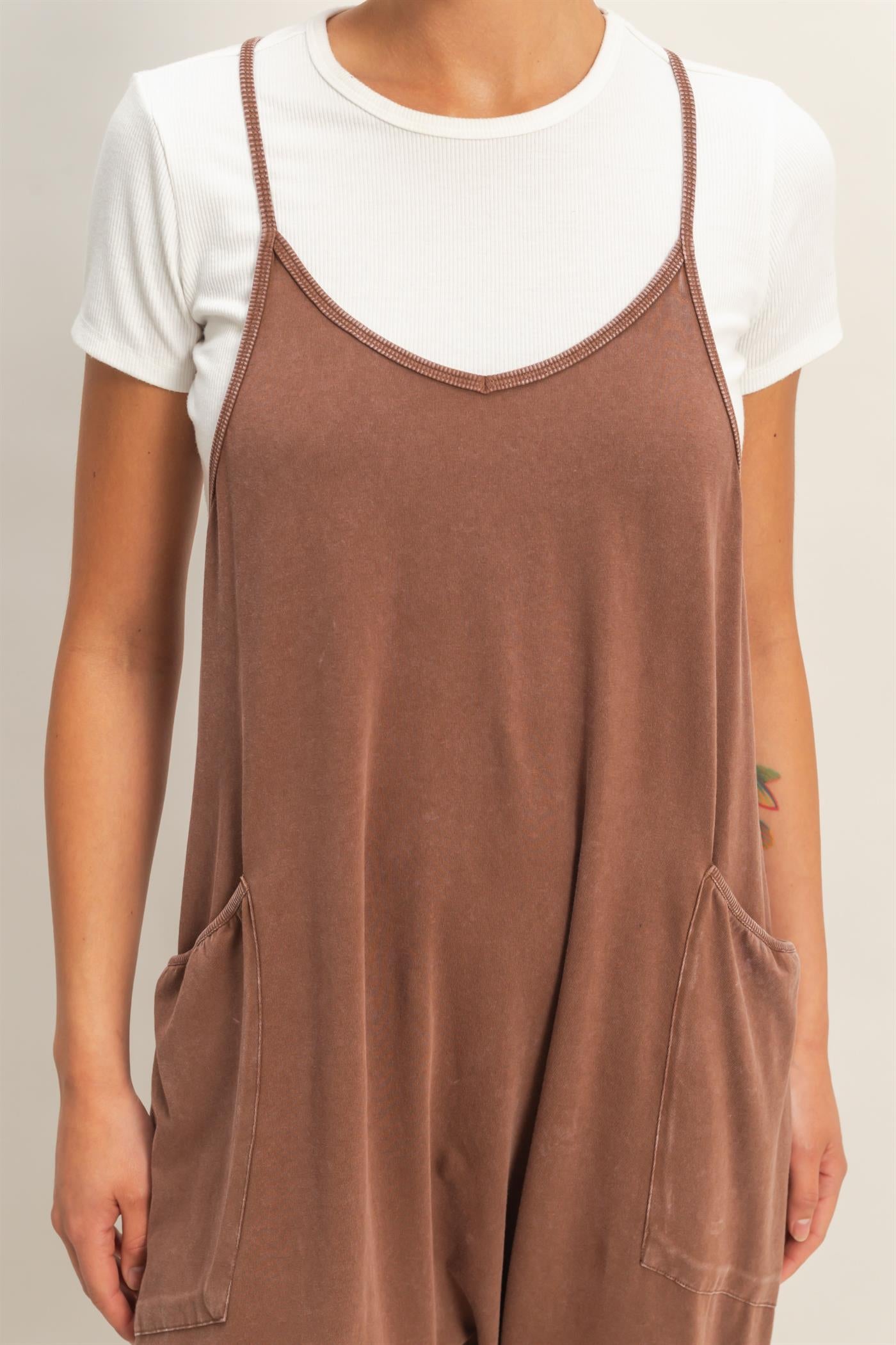 Wholesale Mineral Wash Spaghetti Strap Jumpsuit Clothing DZ26C375 CHOCOLATE DOUBLE ZERO