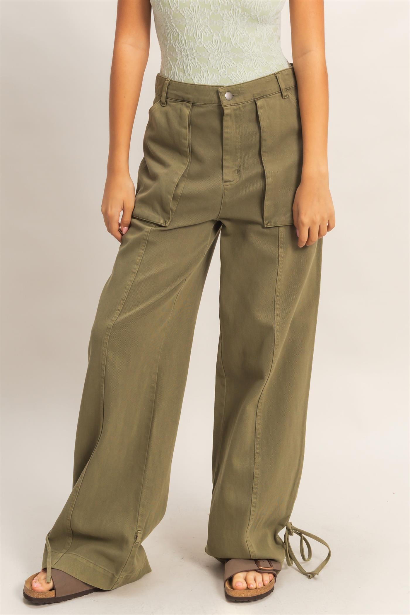 Wholesale High Rise Cargo Pants With Ankle Ties Pants DZ24C156 MOSS DOUBLE ZERO