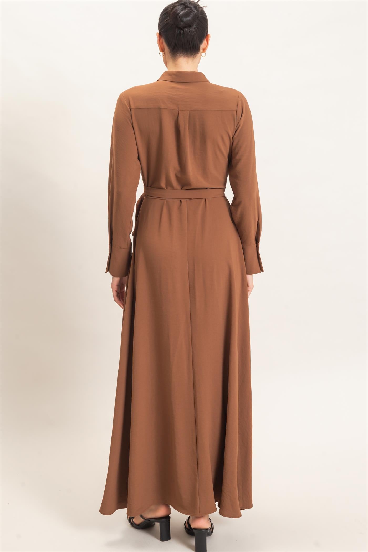 Wholesale Collared Wrap Shirt Dress Dresses HF25E869 BROWN HYFVE