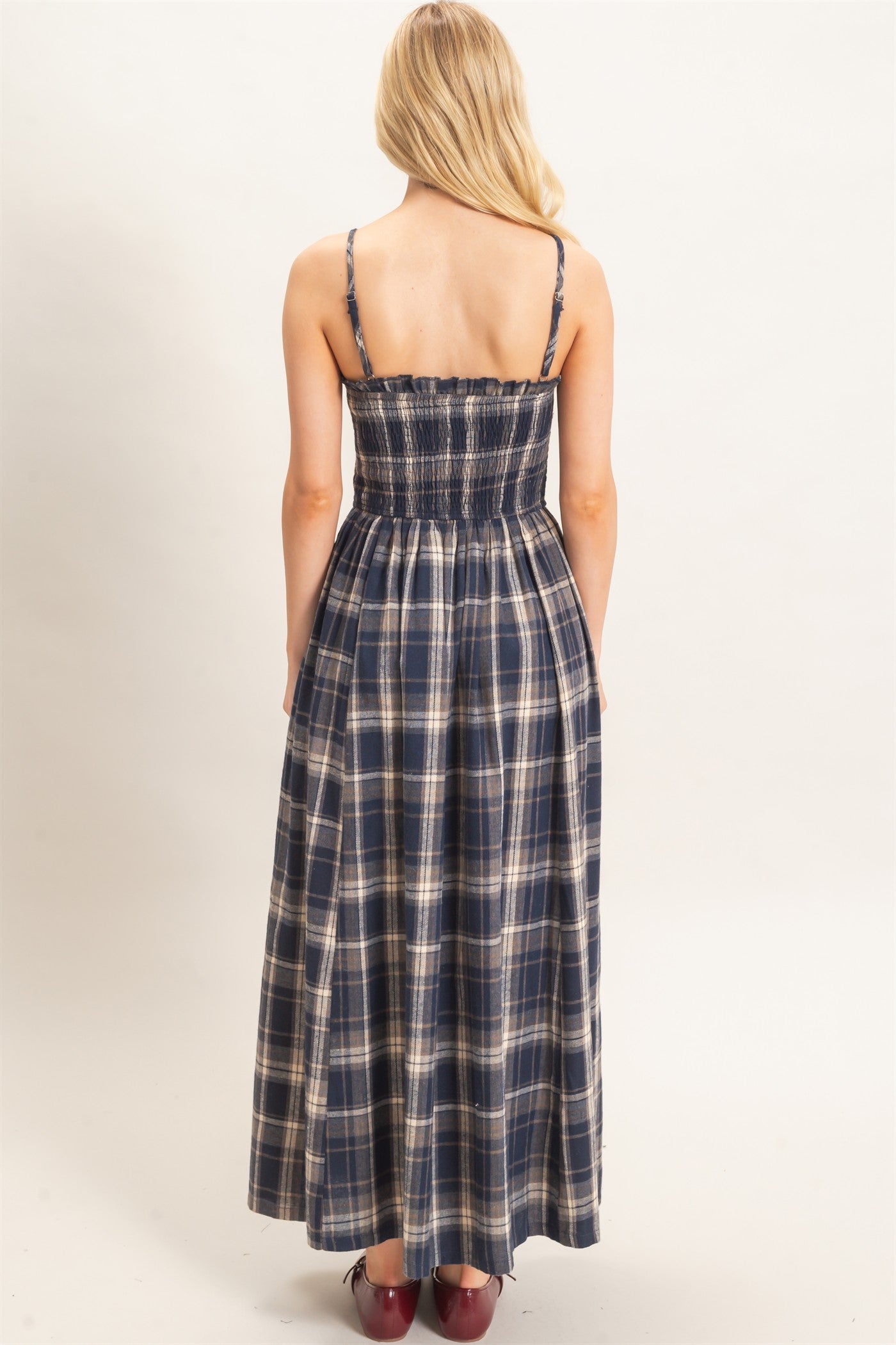 Wholesale Plaid Smocked Maxi Dress Dresses HF26C898 NAVY HYFVE