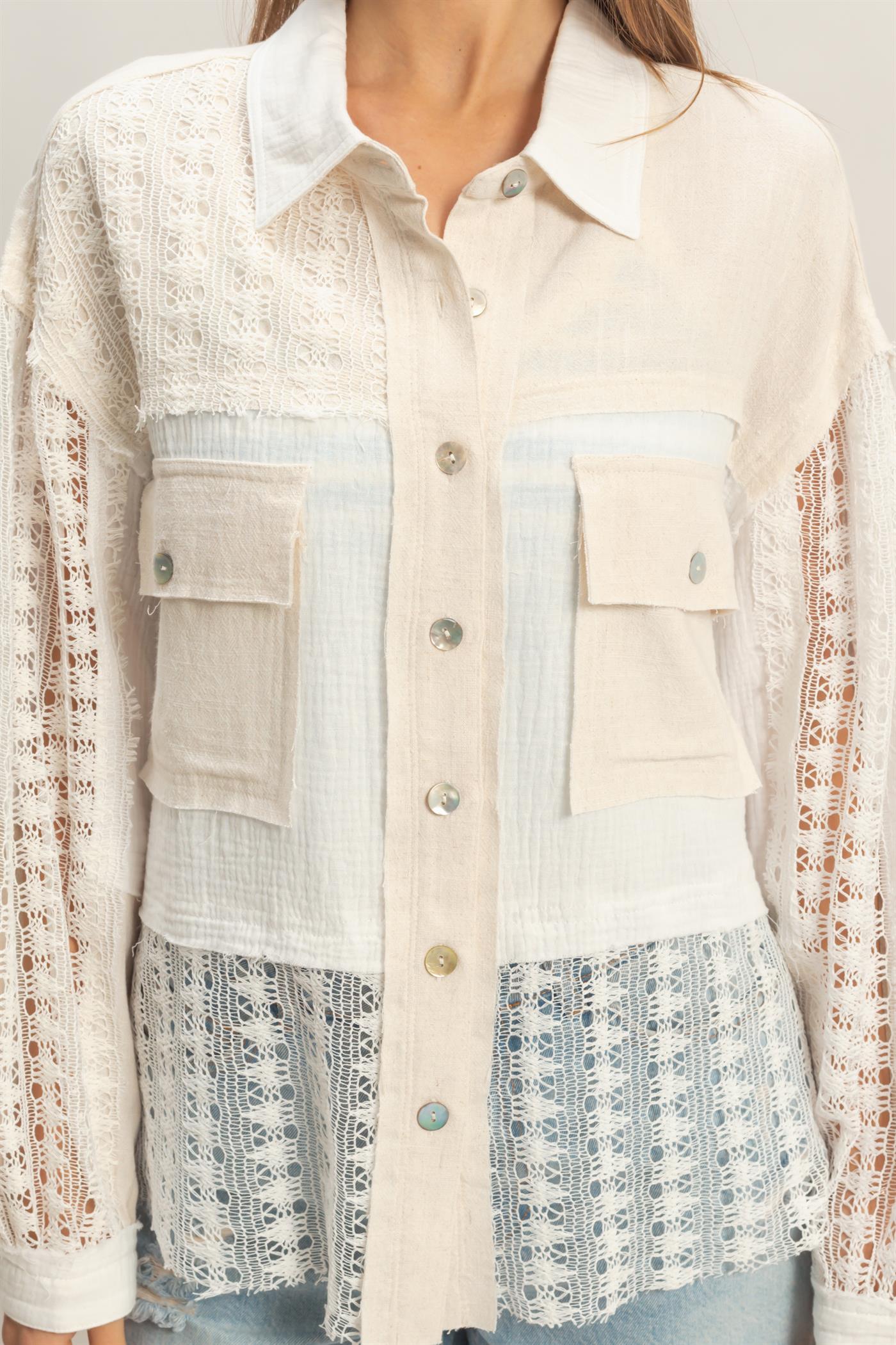 Wholesale Lace Panel Button-Up Shirt Shirts HF26C315 OATMEAL HYFVE