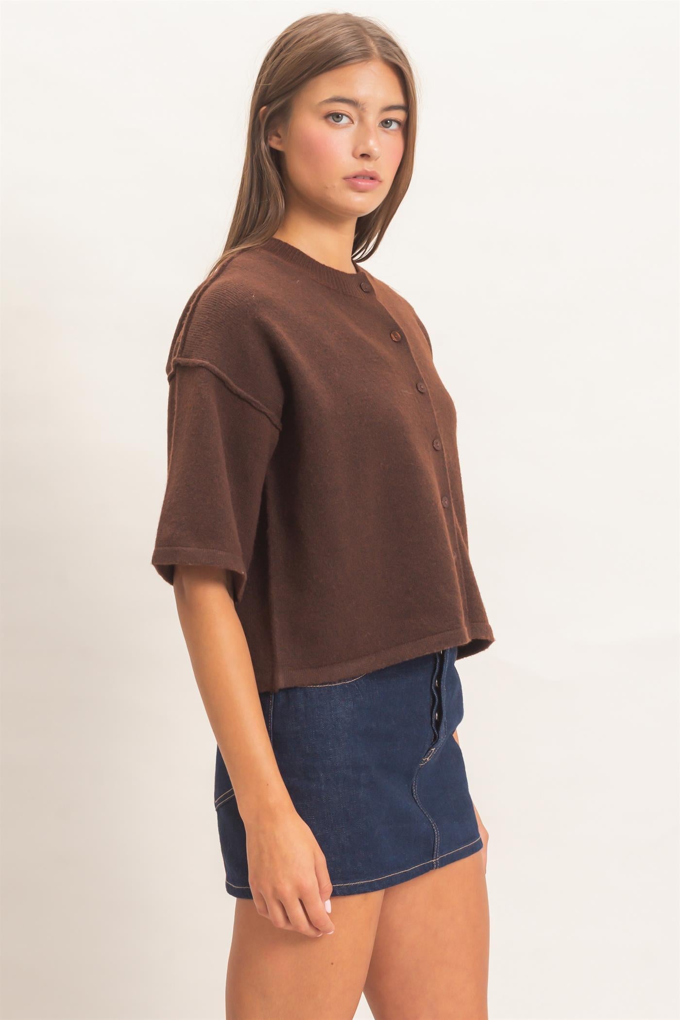 Wholesale Drop Shoulder Short Sleeve Cardigan Cardigans DZ26E238 DARK BROWN DOUBLE ZERO