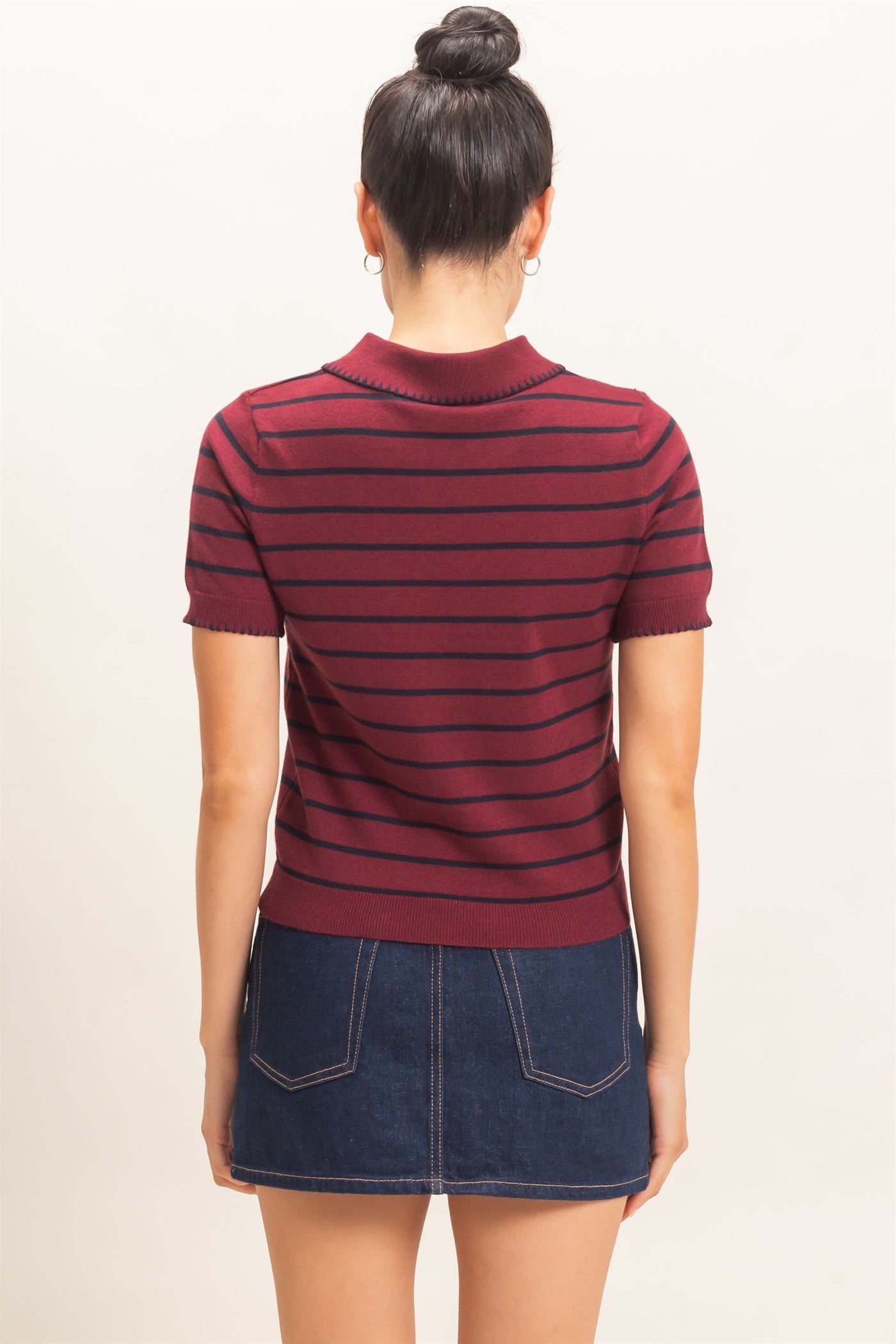 Wholesale Striped Polo Collar Sweater Sweaters HF26E233 BURGUNDY HYFVE