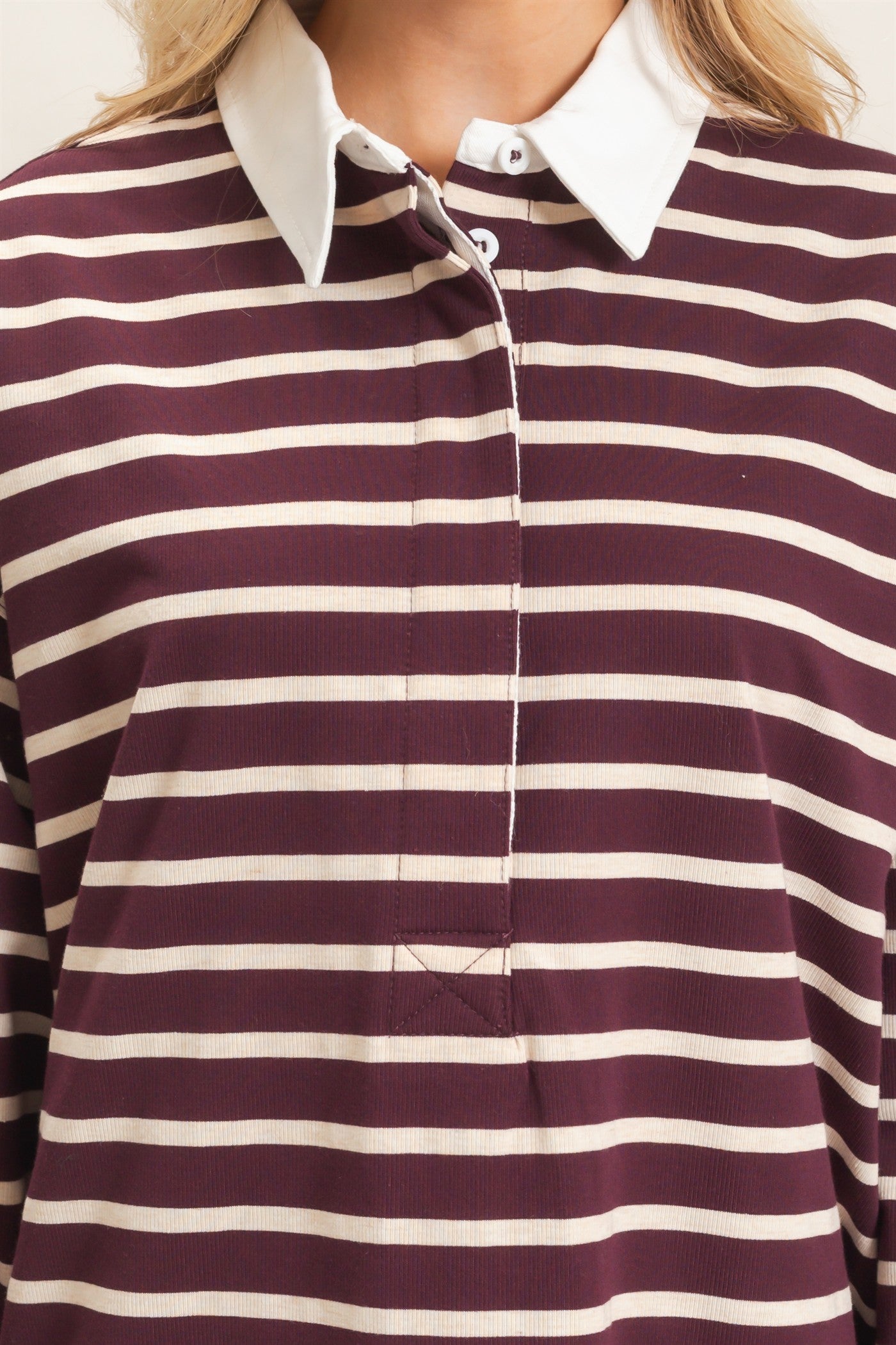 Wholesale Striped Polo Long Sleeve Top Clothing Tops HF26F078 RASPBERRY/ECRU HYFVE