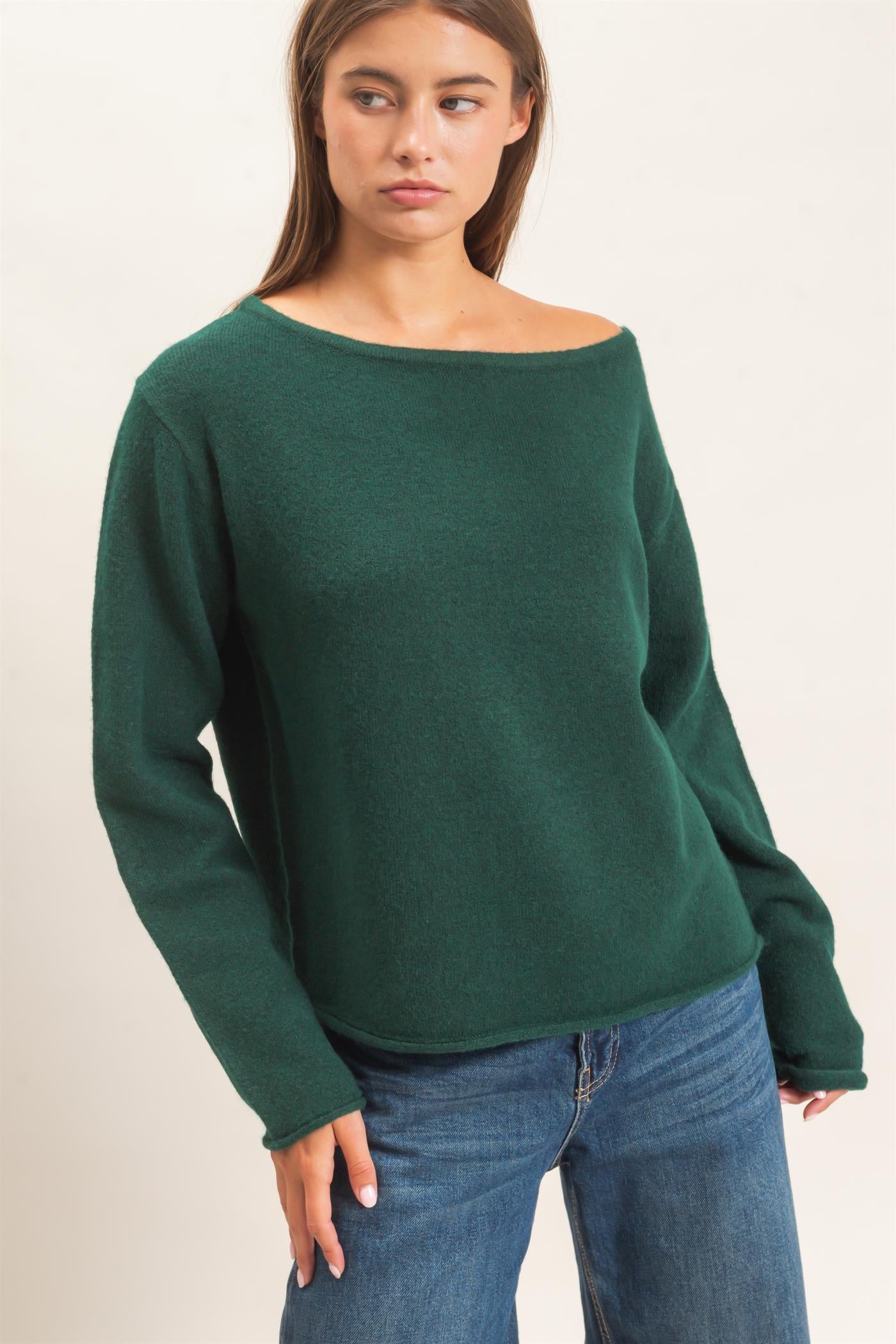Wholesale Off The Shoulder Sweater Sweaters DZ26E652 DARK GREEN DOUBLE ZERO