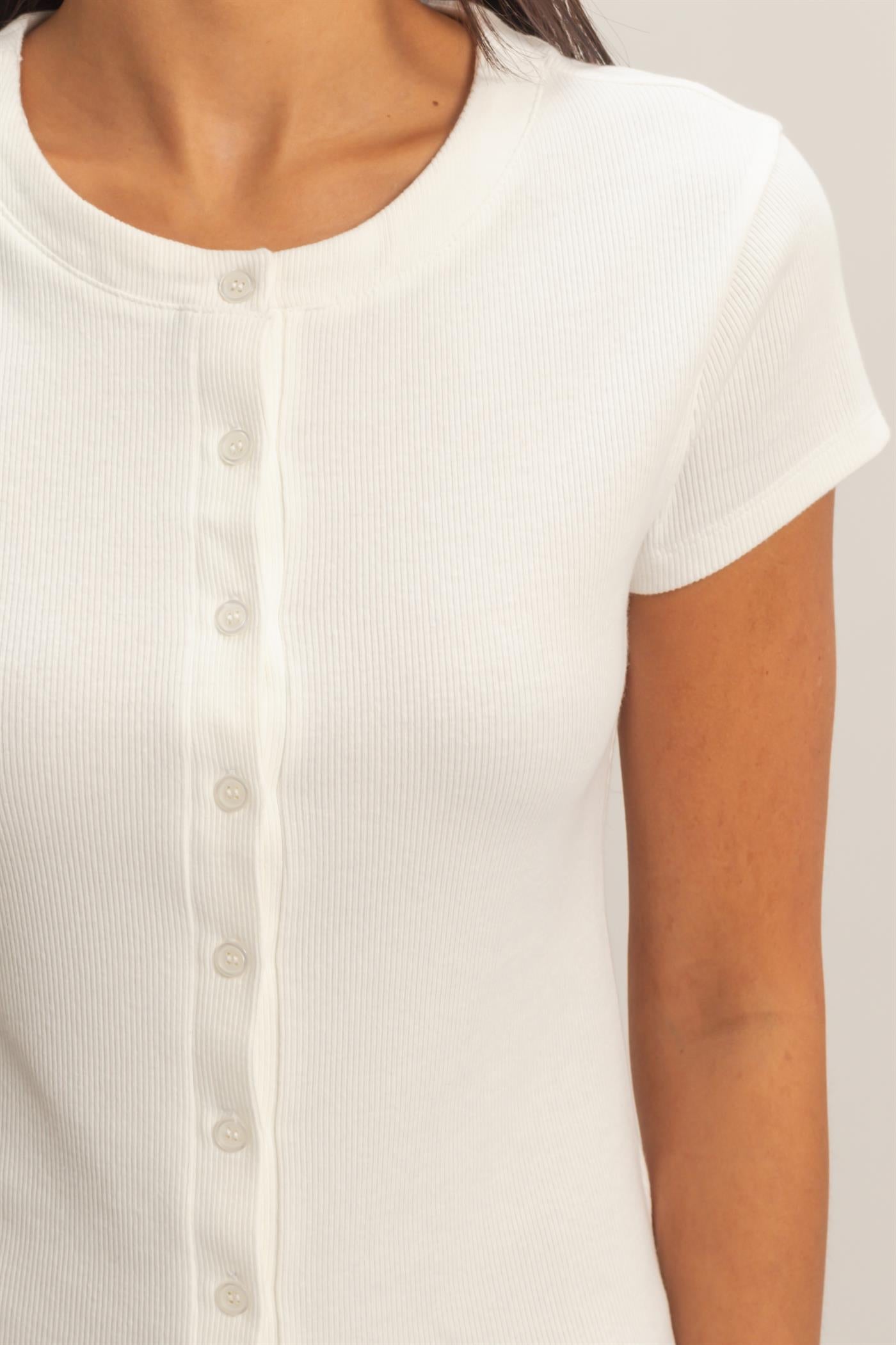 Wholesale Ribbed Button-Front Crew Neck Top Clothing Tops DZ26A727 OFF WHITE DOUBLE ZERO