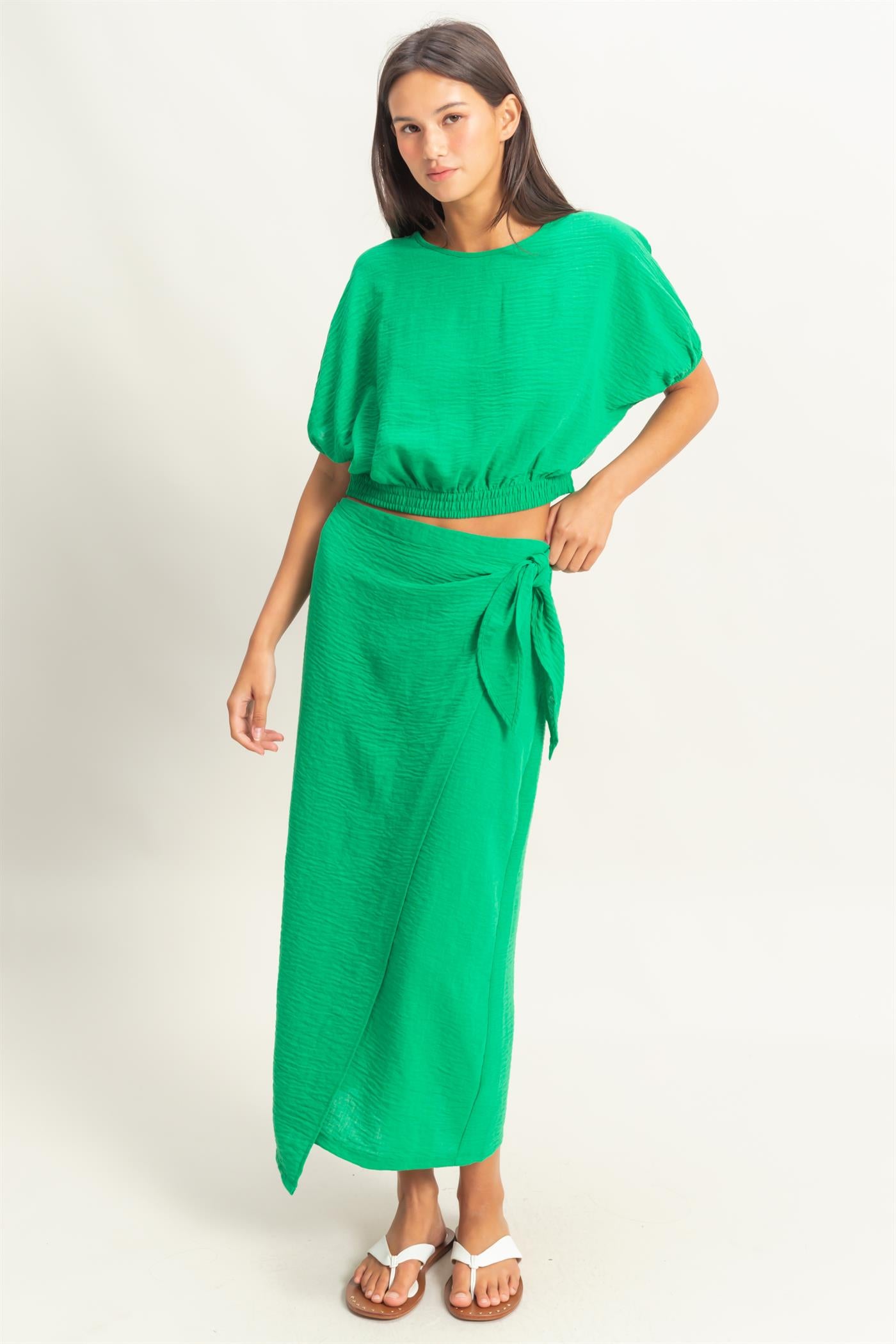 Wholesale High Waist Crinkle Woven Maxi Skirt Skirts DZ25C511 GREEN DOUBLE ZERO