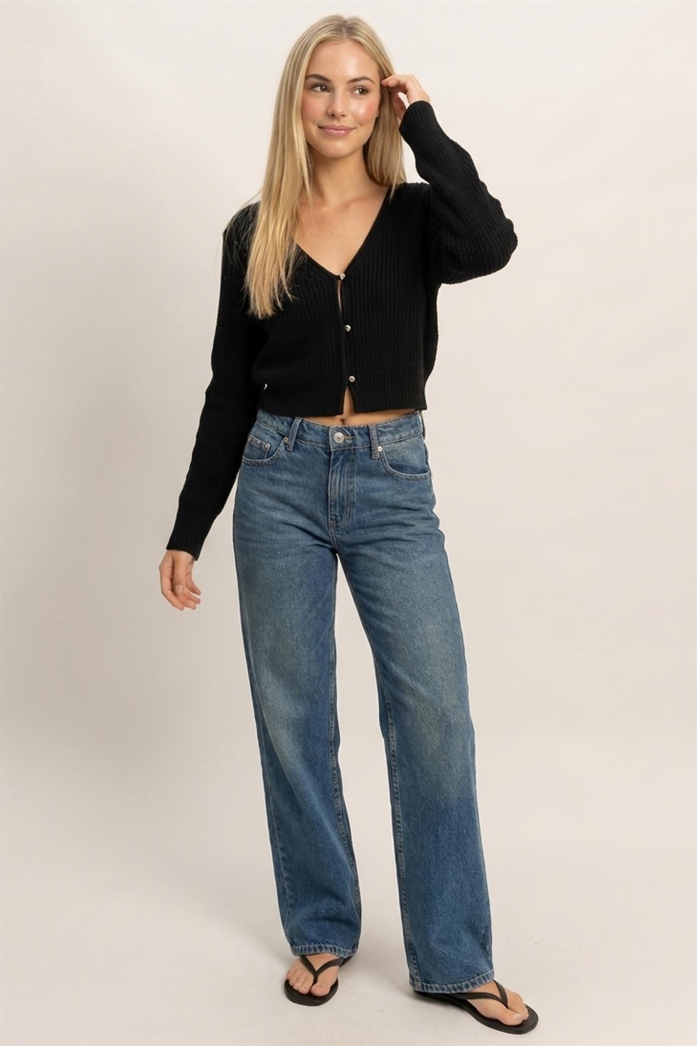 Wholesale V-Neck Ribbed Cardigan Cardigans DZ26E106 BLACK DOUBLE ZERO