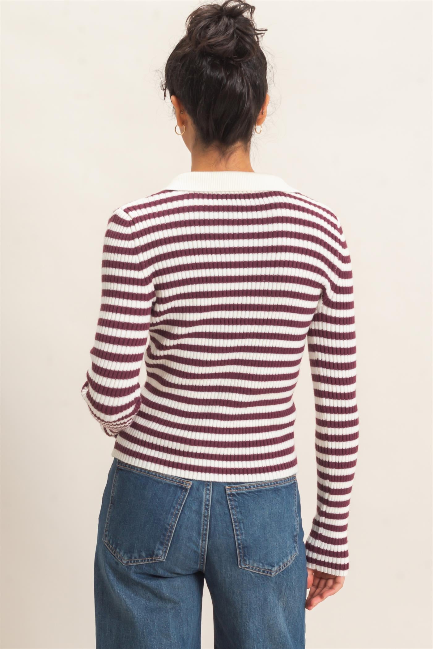 Wholesale Ribbed Striped Polo Knit Top Clothing Tops DZ26E099 DARK CHERRY DOUBLE ZERO
