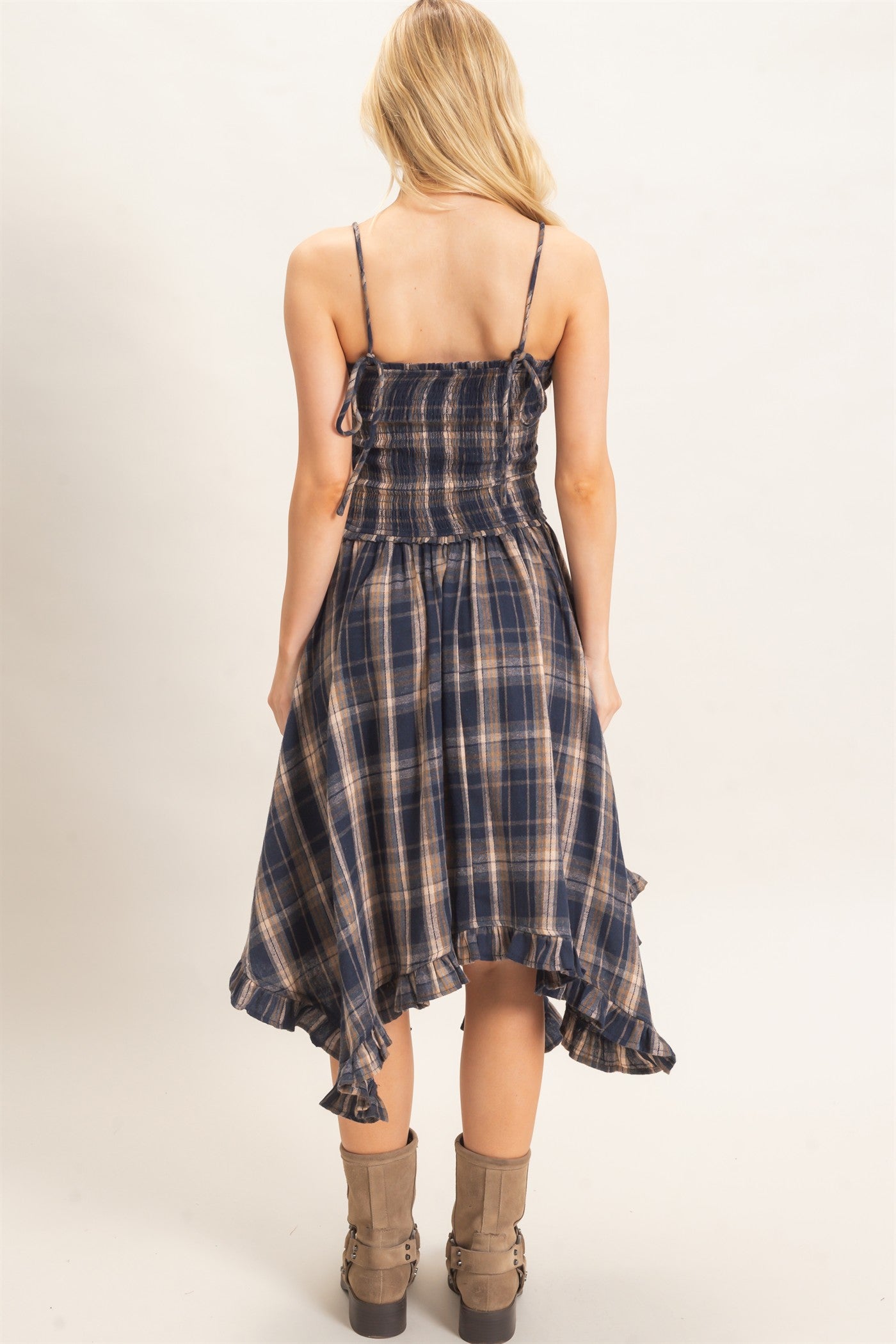 Wholesale Plaid Smocked Spaghetti Strap Dress Dresses HF26F211 NAVY HYFVE