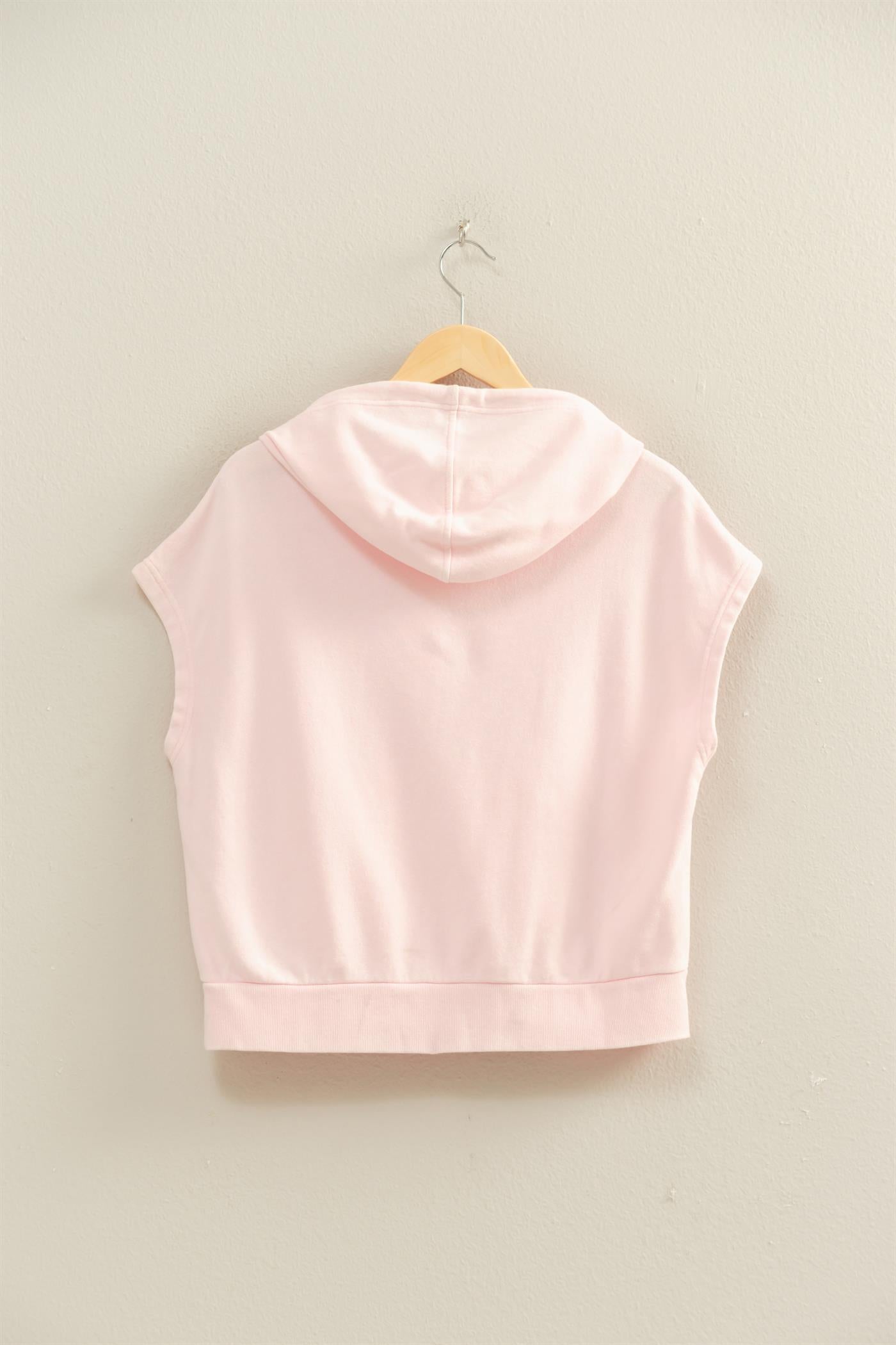 Wholesale Acid Washed Sleeveless Hooded Kangaroo Pocket Top Hoodies DZ26A411 SOFT PINK DOUBLE ZERO