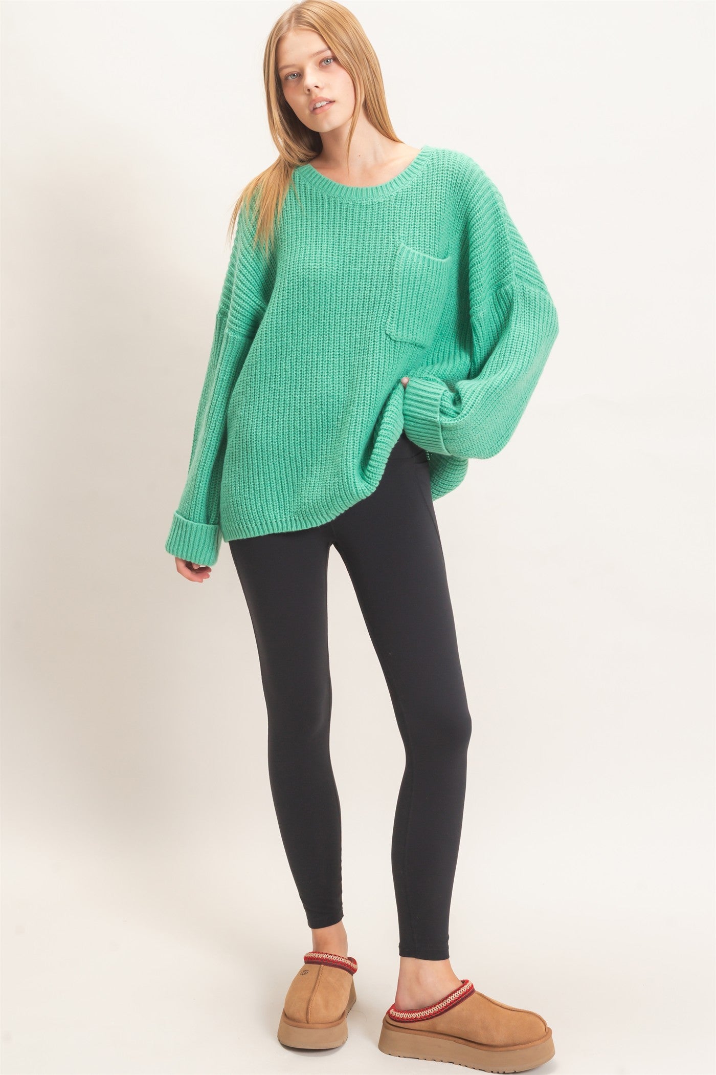 Wholesale Ribbed Knit Patch Pocket Sweater Sweaters HF26F177 GREEN HYFVE