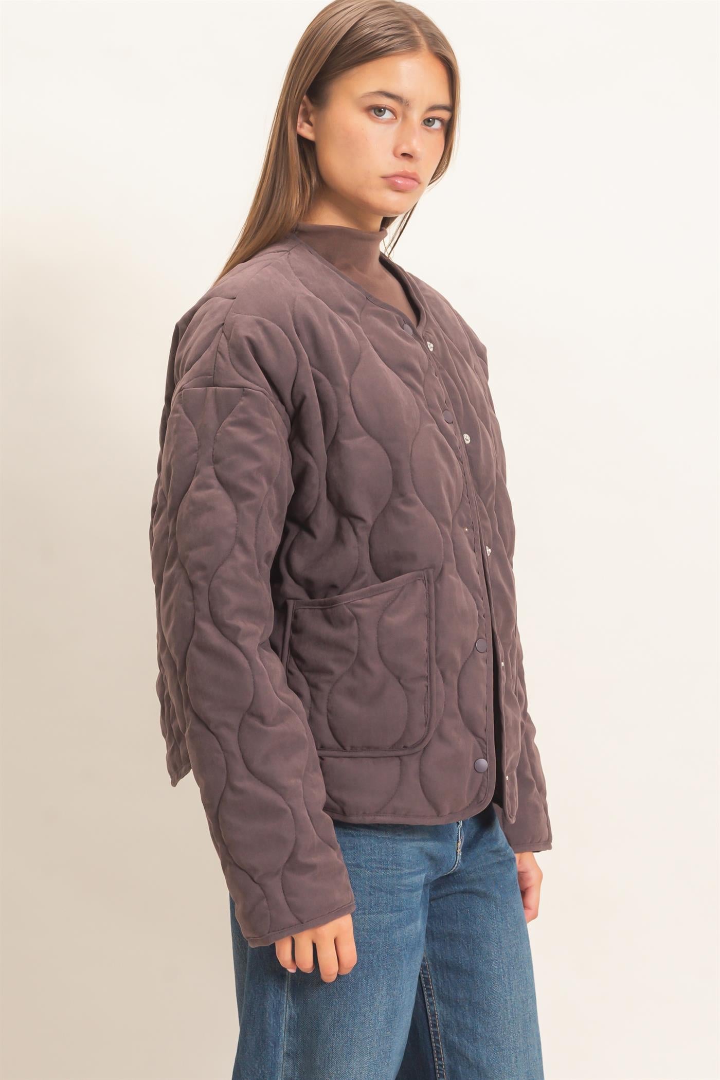 Wholesale Quilted Button Front Jacket Coats & Jackets DZ26F254 DARK BROWN DOUBLE ZERO