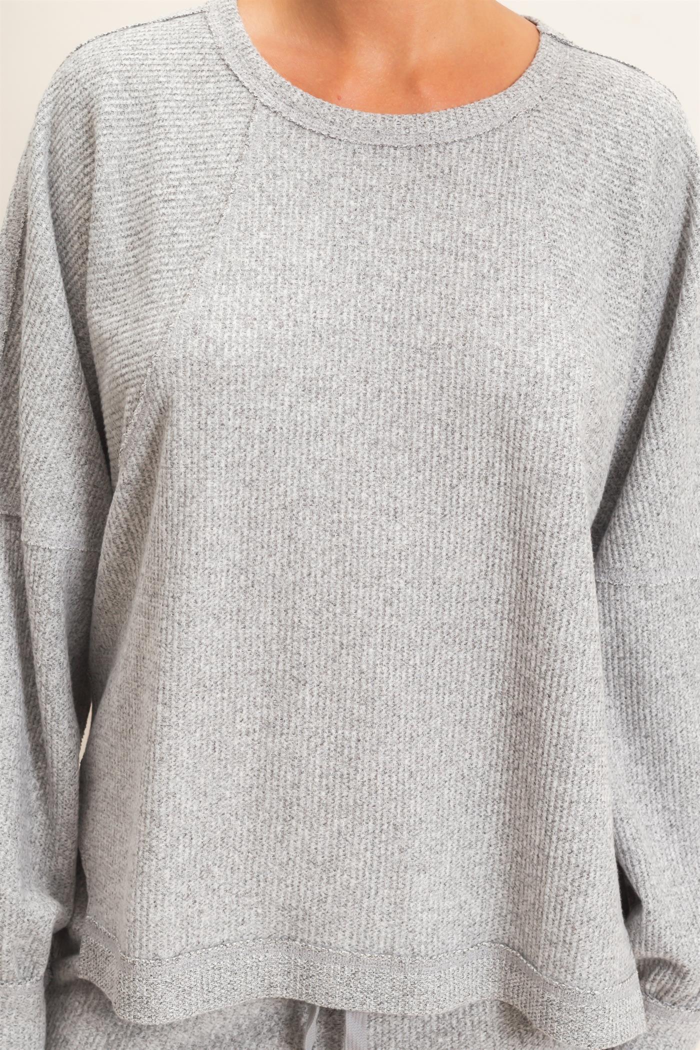 Wholesale Brushed Waffle Long Sleeve Top Clothing Tops DZ26F312 HEATHER GRAY DOUBLE ZERO