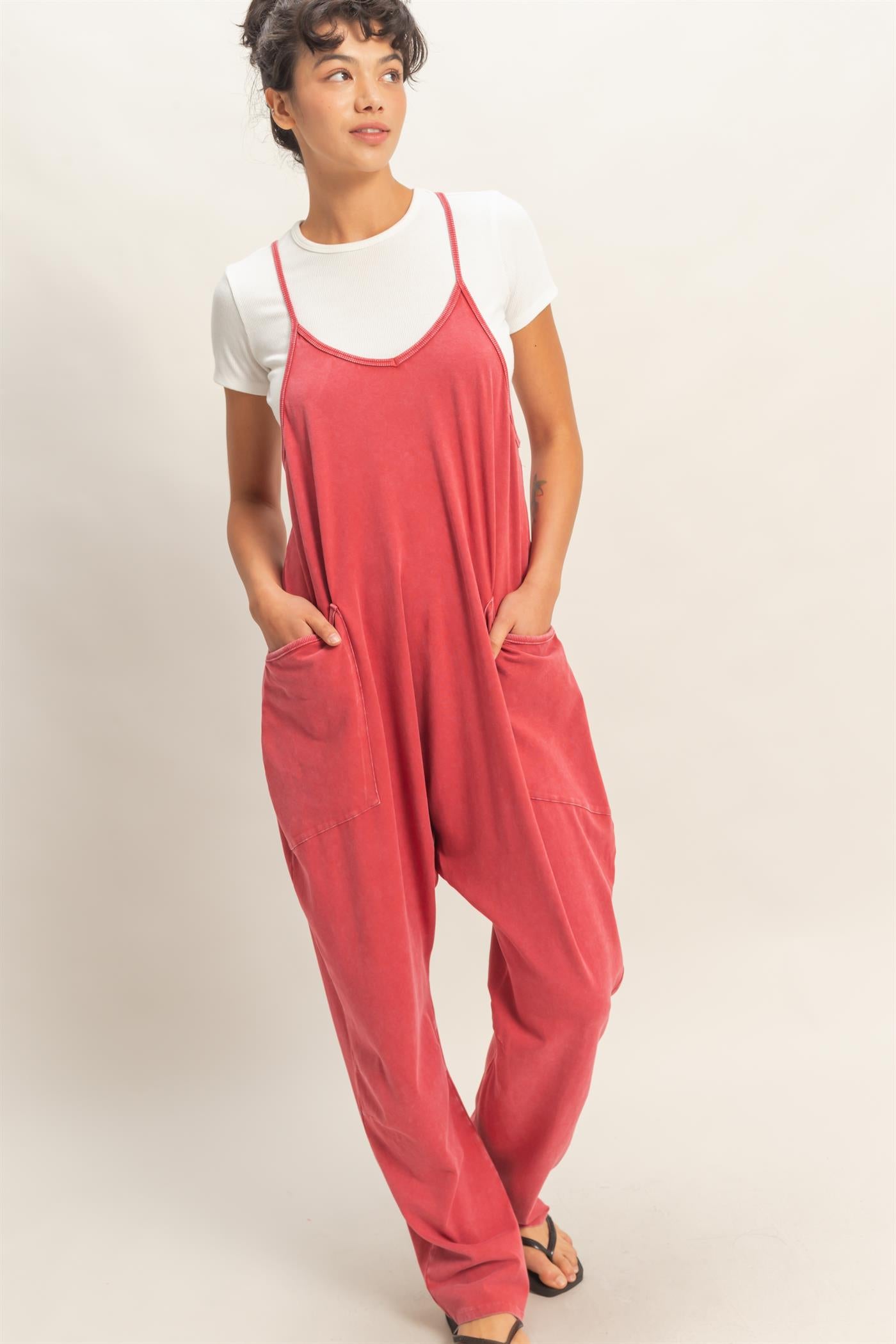 Wholesale Mineral Wash Spaghetti Strap Jumpsuit Clothing DZ26C375 DARK RED DOUBLE ZERO