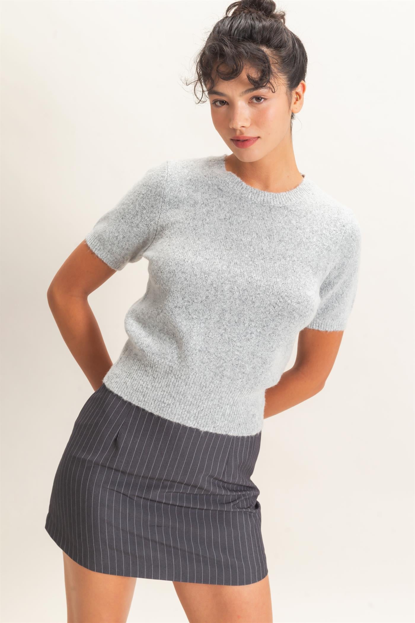 Wholesale Crew Neck Short Sleeve Knit Top Clothing Tops DZ26E944 HEATHER GRAY DOUBLE ZERO