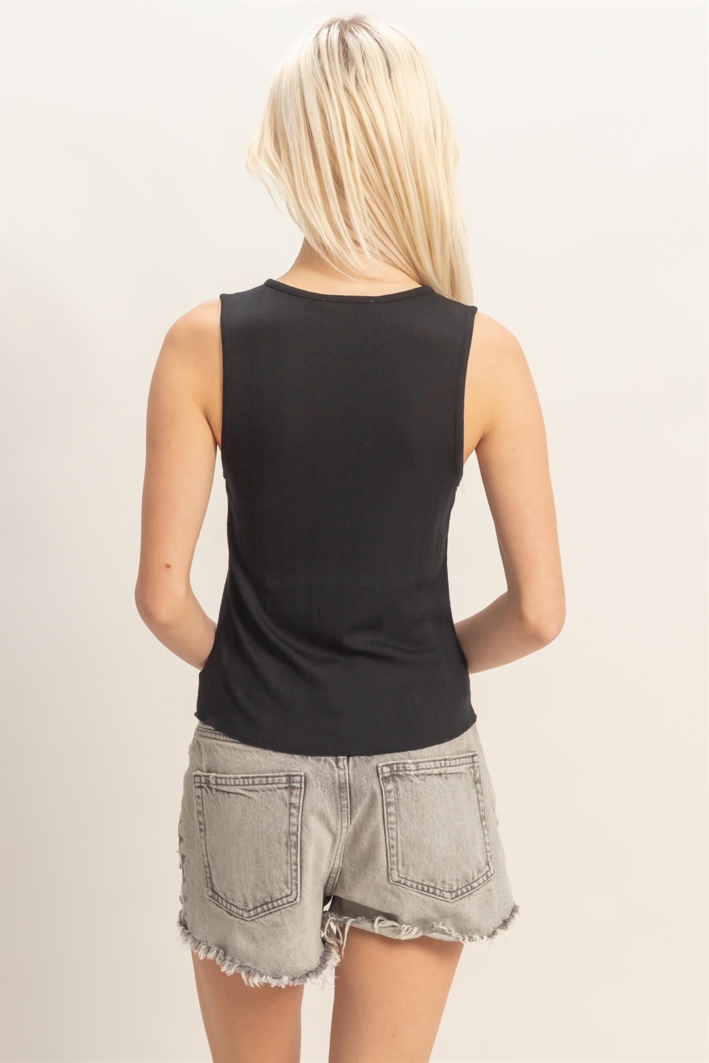Wholesale Sleeveless Pointelle Button Front Top Clothing Tops DZ26A759 BLACK DOUBLE ZERO
