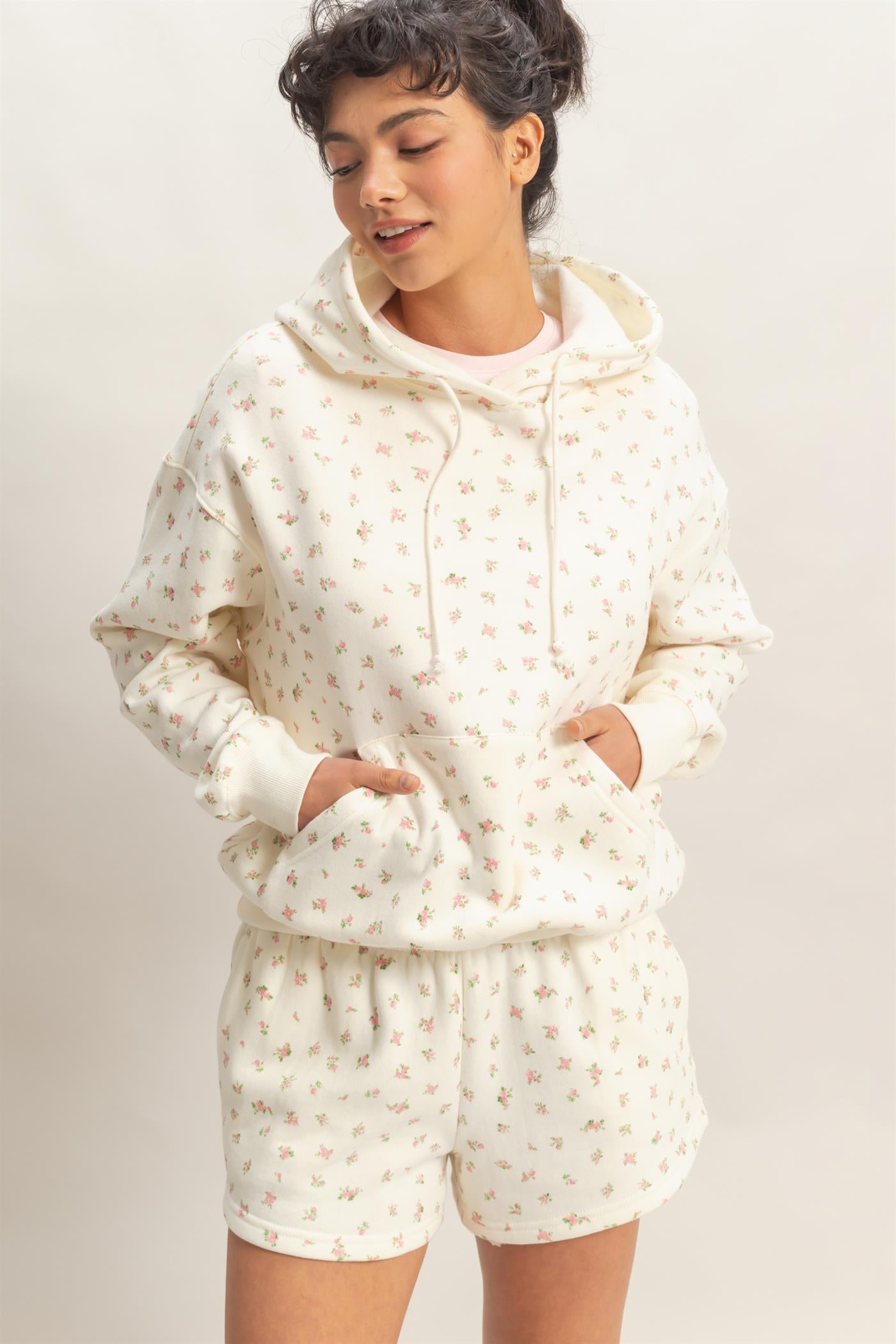 Wholesale Ditsy Floral French Terry Hoodie Sweatshirts DZ26C392 PINK DOUBLE ZERO