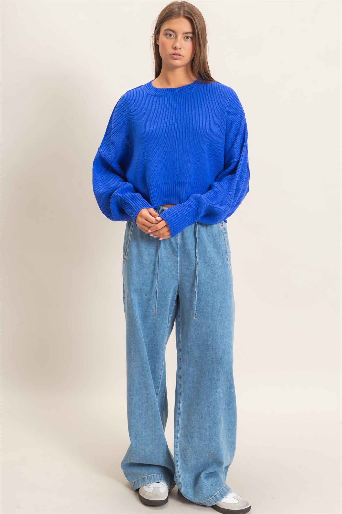 Wholesale Ribbed Drop Shoulder Sweater Sweaters DZ26C982 COBALT DOUBLE ZERO