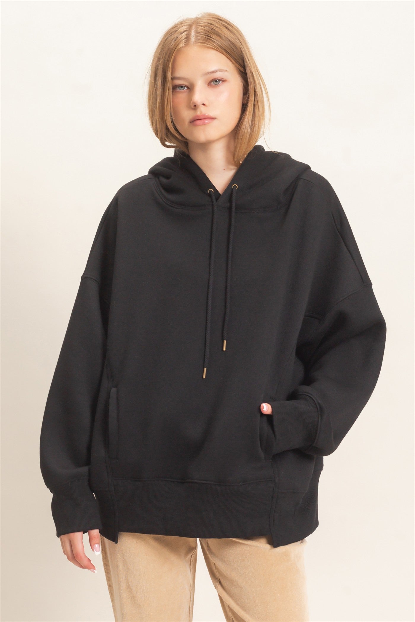 Wholesale Enzyme Wash Drop Shoulder Hoodie Hoodies HF26E235 BLACK HYFVE