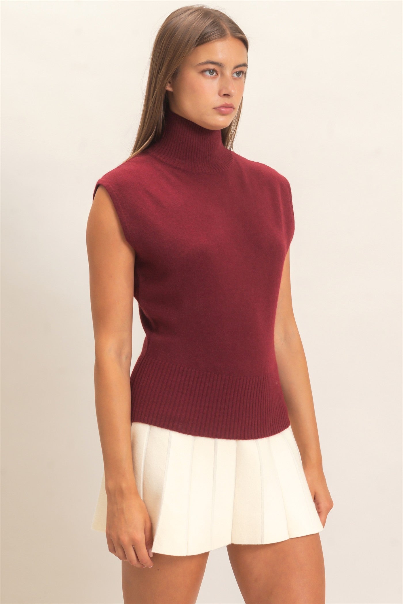 Wholesale Sleeveless High Neck Knit Top Clothing Tops DZ26E946 BURGUNDY DOUBLE ZERO