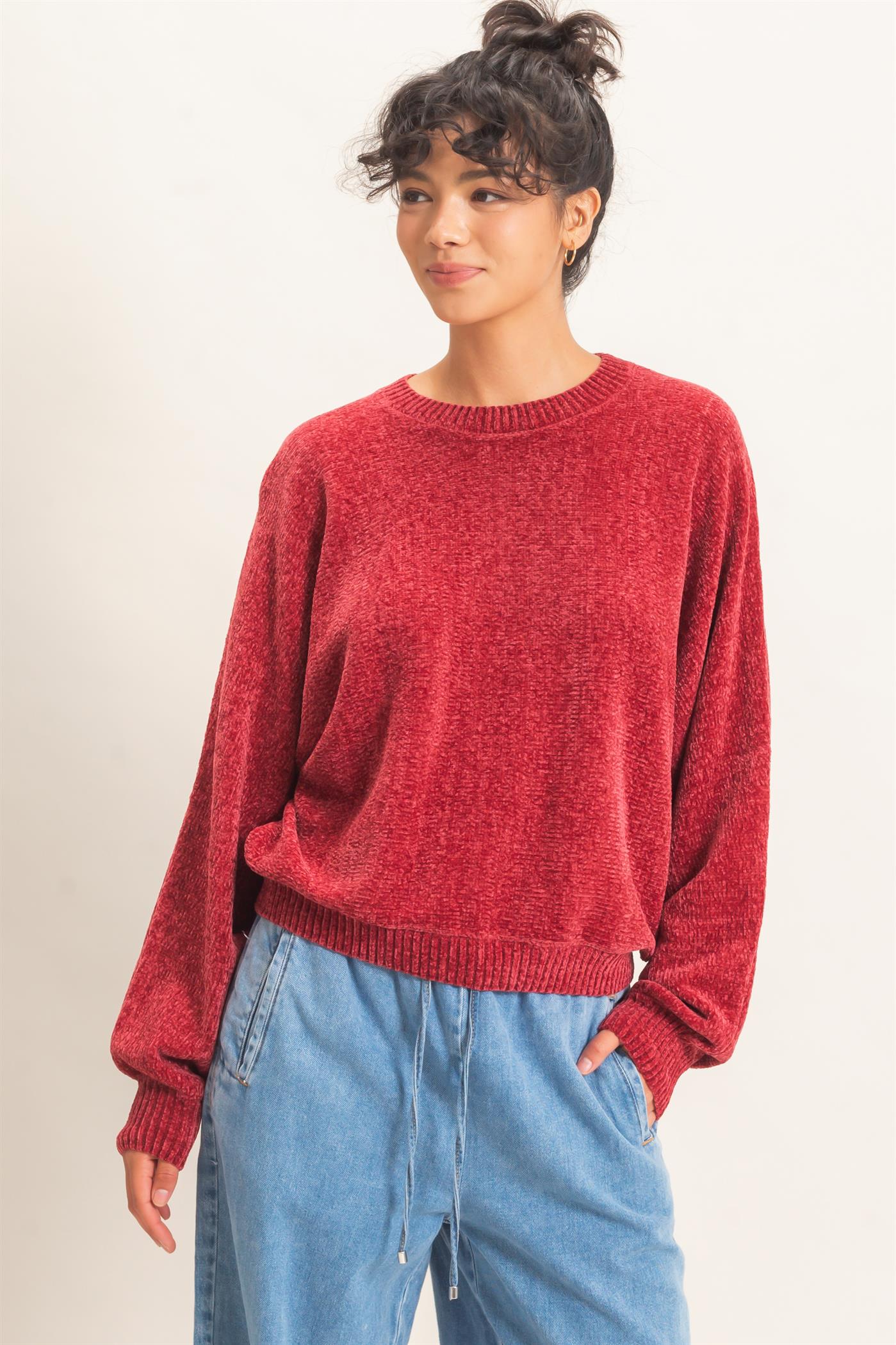 Wholesale Chenille Crew Neck Sweater Sweaters DZ26E264 DARK RED DOUBLE ZERO