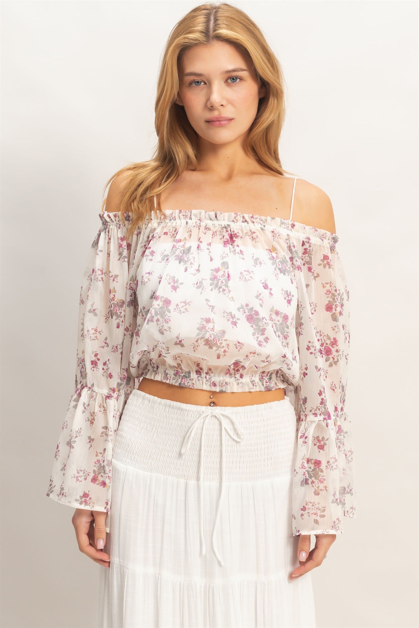 Wholesale Floral Off Shoulder Top Blouses HF26E647 ROSE WINE HYFVE