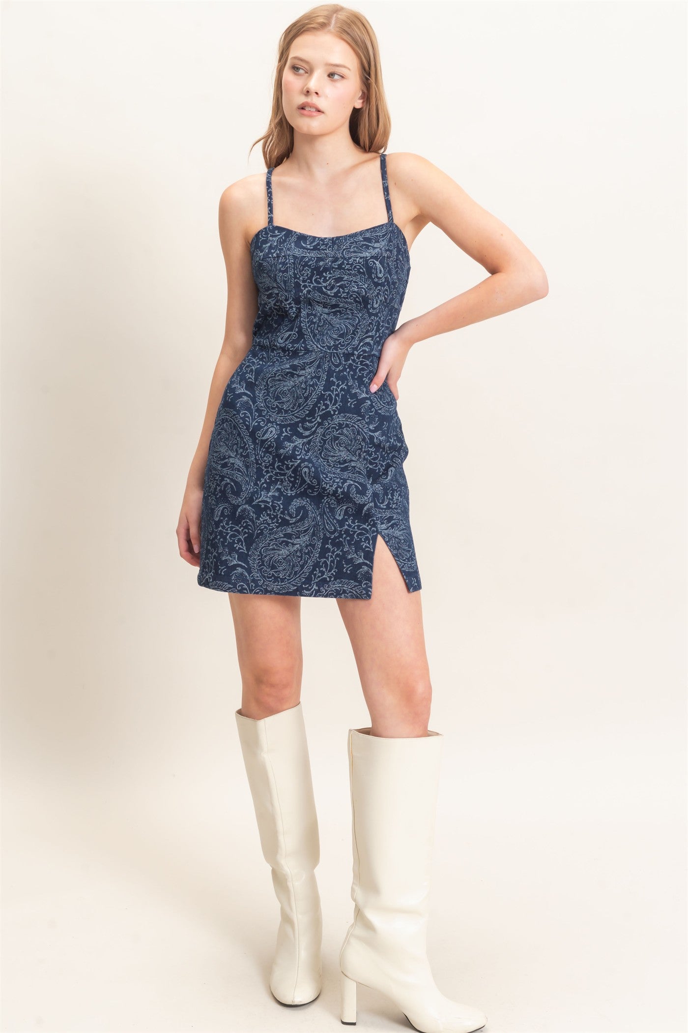 Wholesale Paisley Twill Spaghetti Strap Dress Dresses HF26E964 NAVY HYFVE