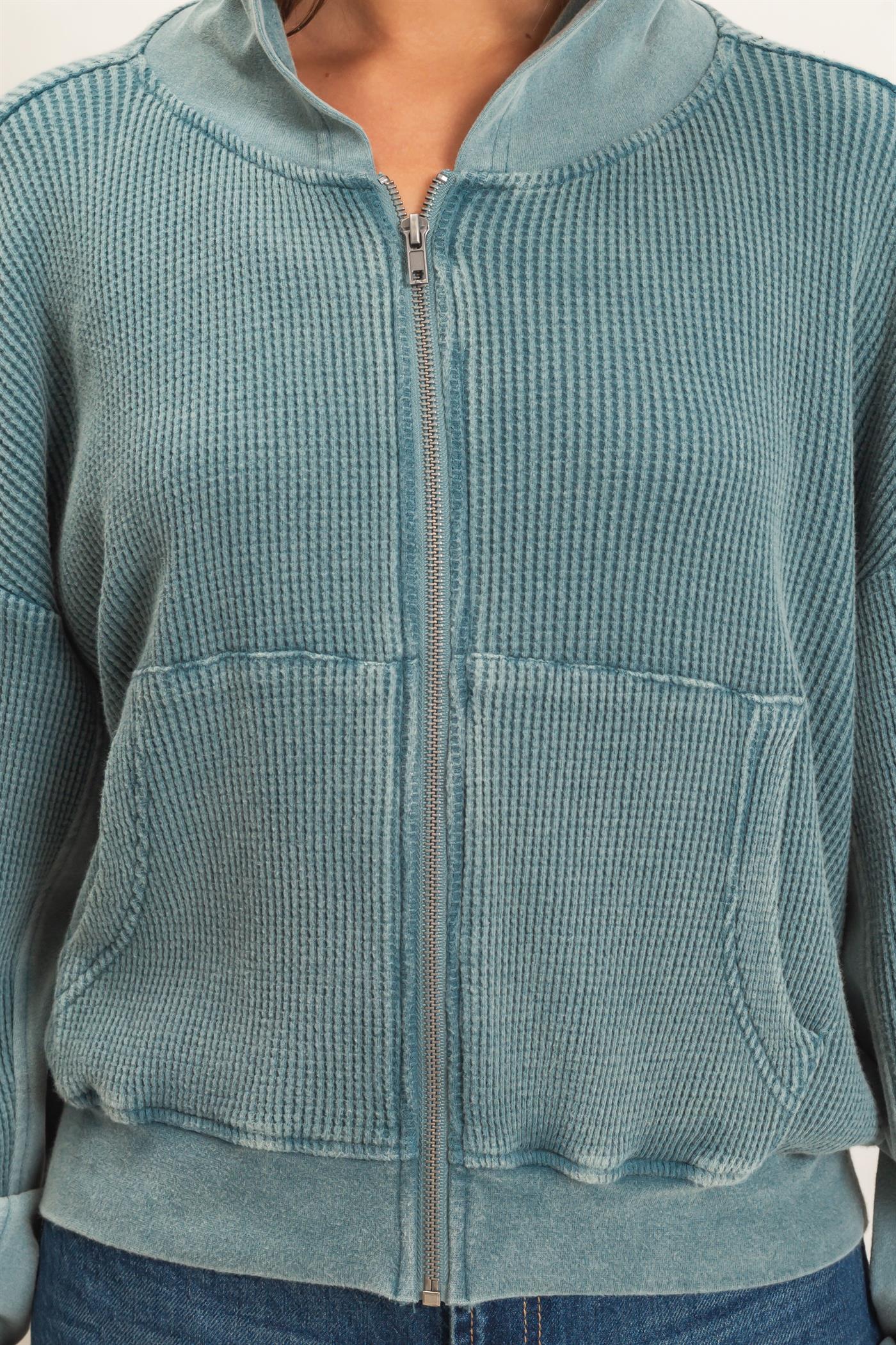 Wholesale Acid Wash Waffle Knit Zip-Up Hoodie Hoodies DZ26E401 DARK TEAL DOUBLE ZERO