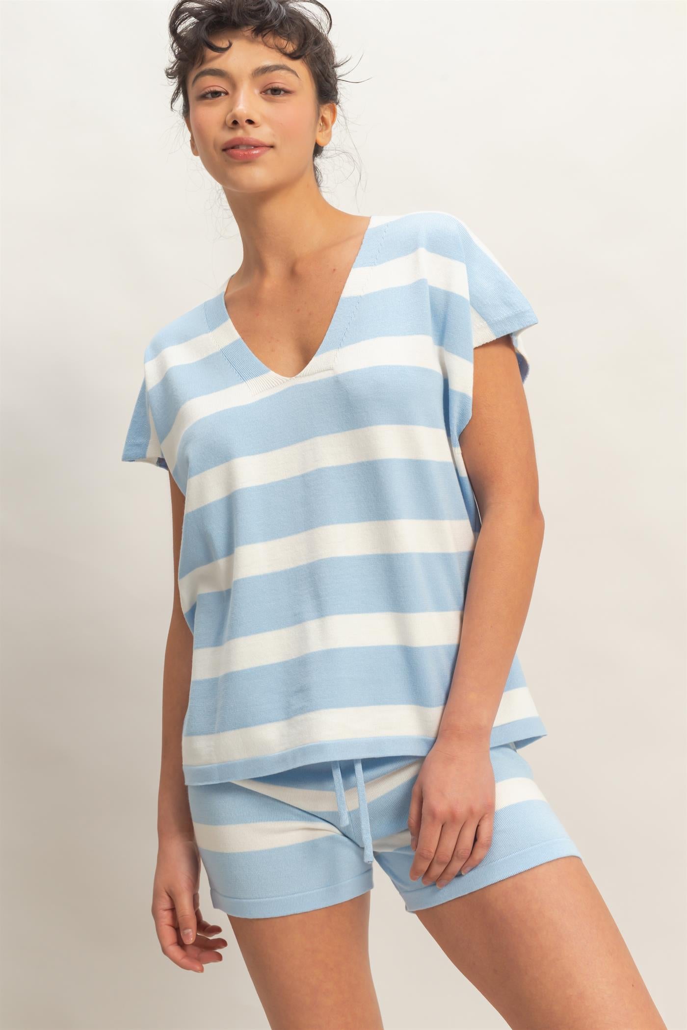 Wholesale V-Neck Top & Striped Shorts Set Clothing HF26A323-SET BLUE HYFVE