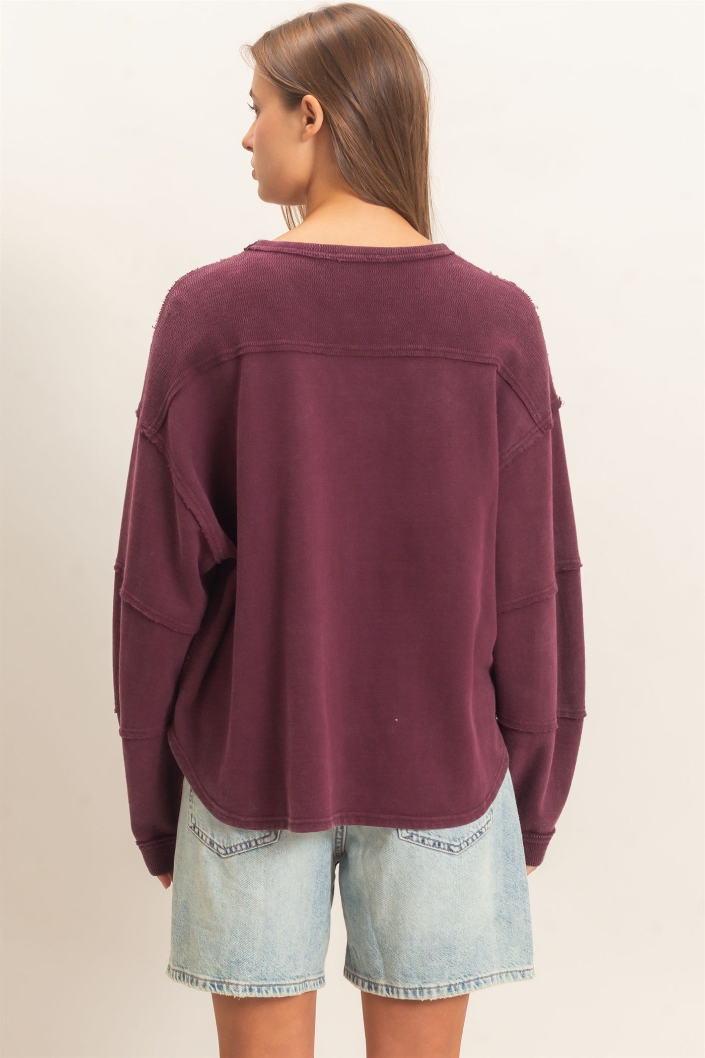 Wholesale Mineral Wash Overzised Raw Edge Crew Neck Top Clothing Tops DZ26E449 DARK CHERRY DOUBLE ZERO