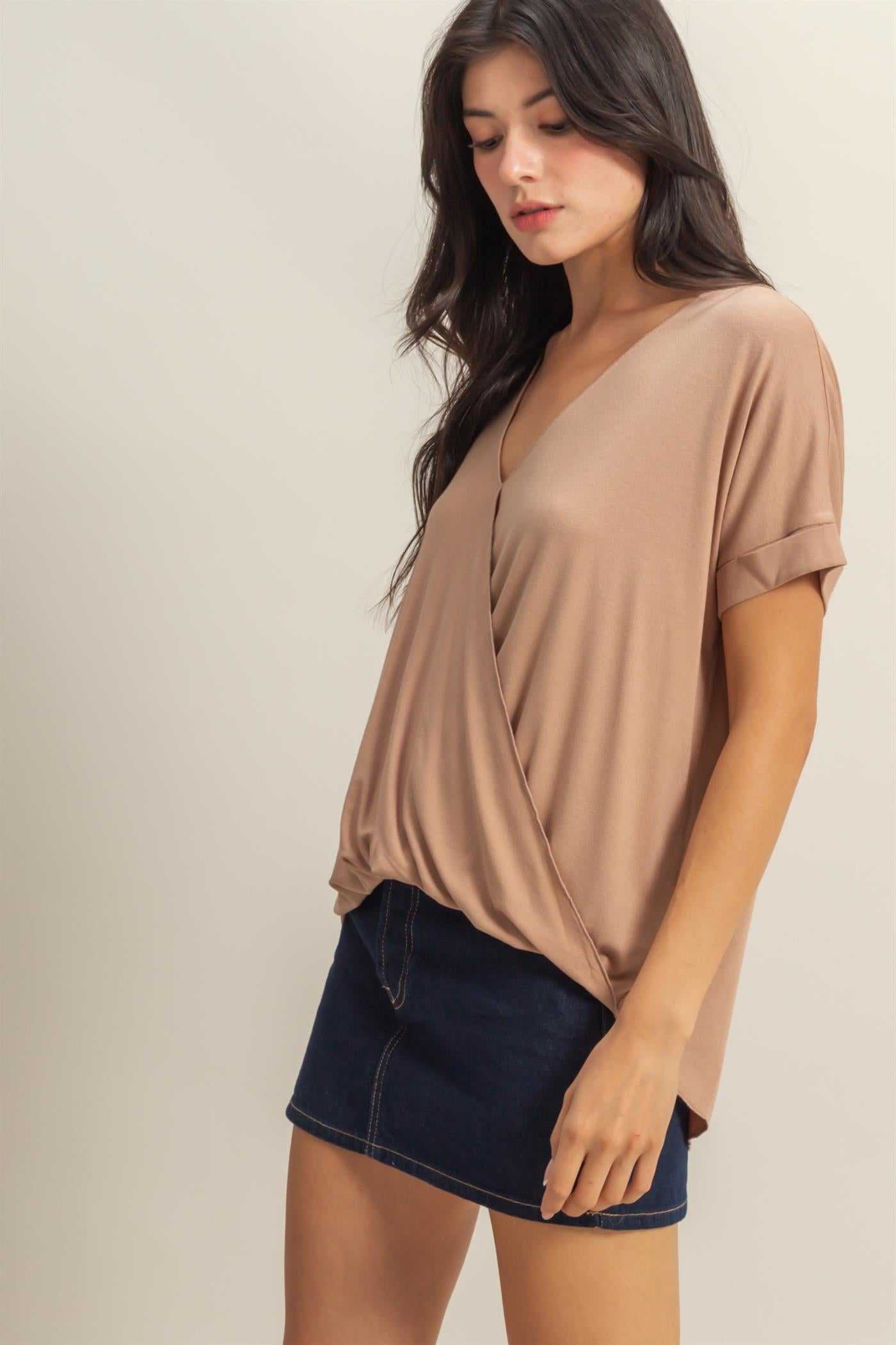 Wholesale Short Sleeve Surplice Top Clothing Tops DZ25E289 DARK TAUPE DOUBLE ZERO