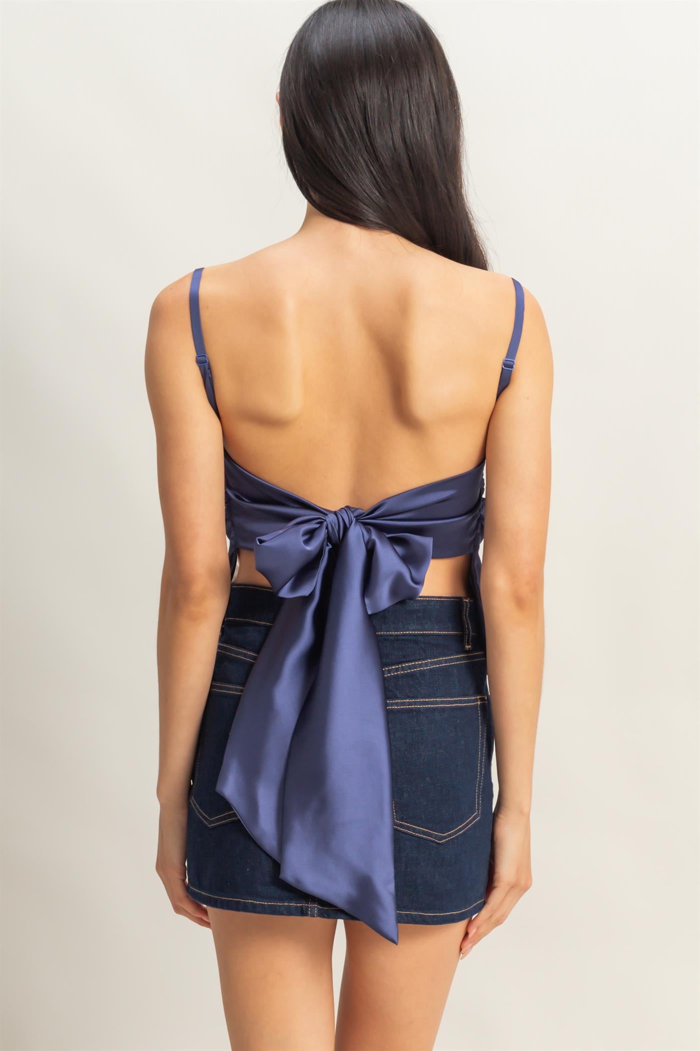 Wholesale Satin Back Tie Detail Sleeveless Top Clothing Tops DZ25C126 DUSTY INDIGO DOUBLE ZERO