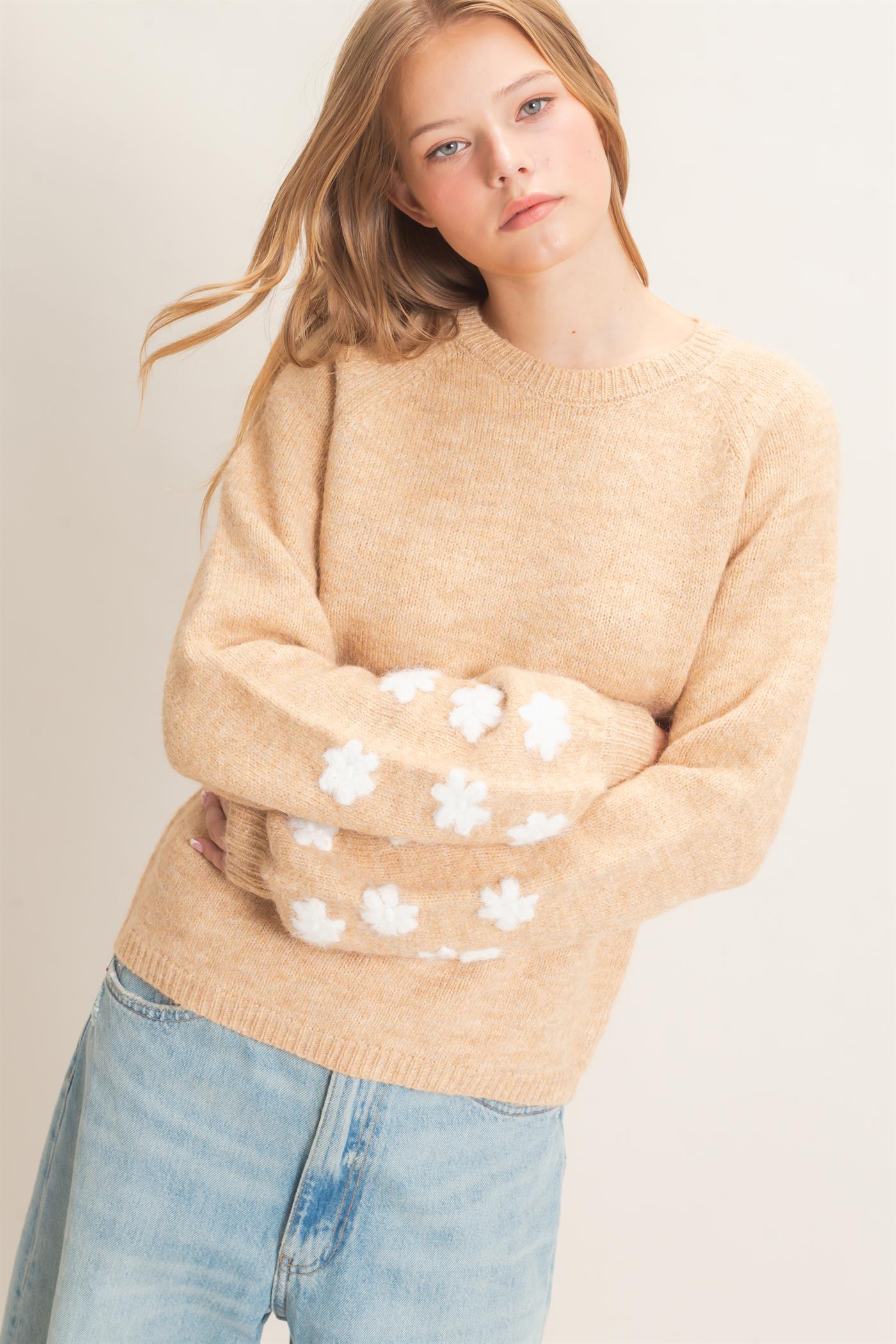 Wholesale Floral Applique Raglan Sleeve Sweater Sweaters HF26E808 BEIGE HYFVE
