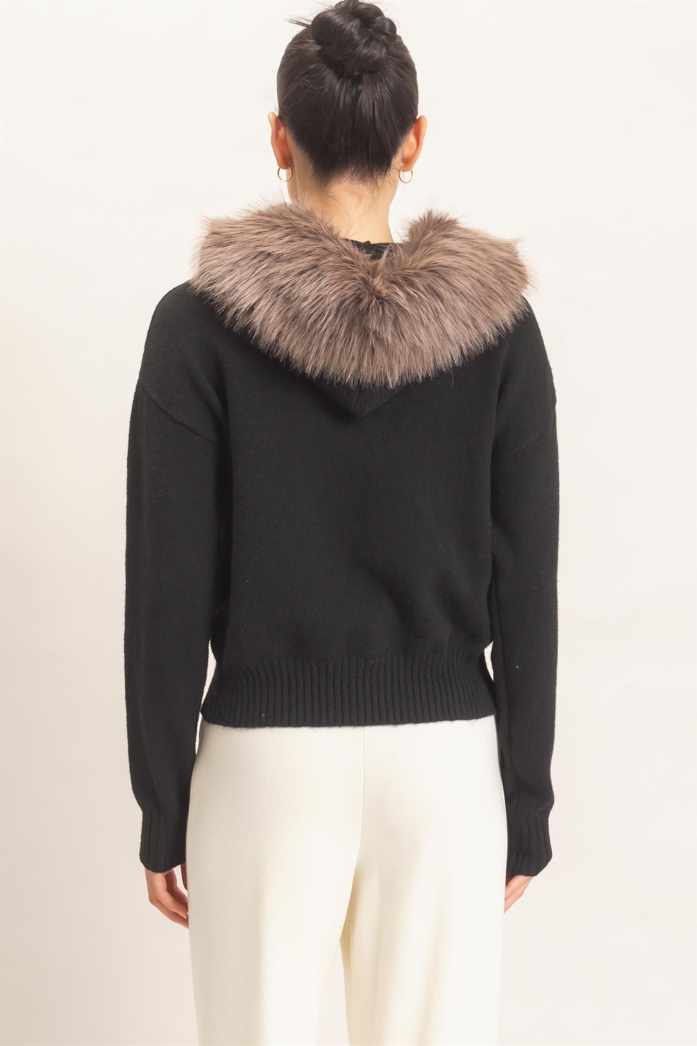 Wholesale Detachable Faux Fur Trim Zip-Up Hoodie Cardigans HF26F173 BLACK HYFVE