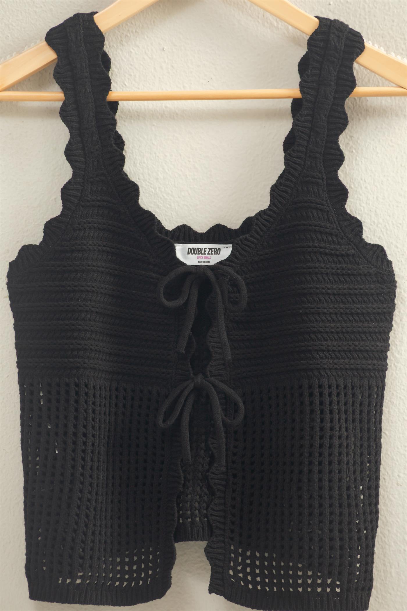 Wholesale Sleeveless Open Knit Double Tie-Front Vest Shirts DZ26A809 BLACK DOUBLE ZERO