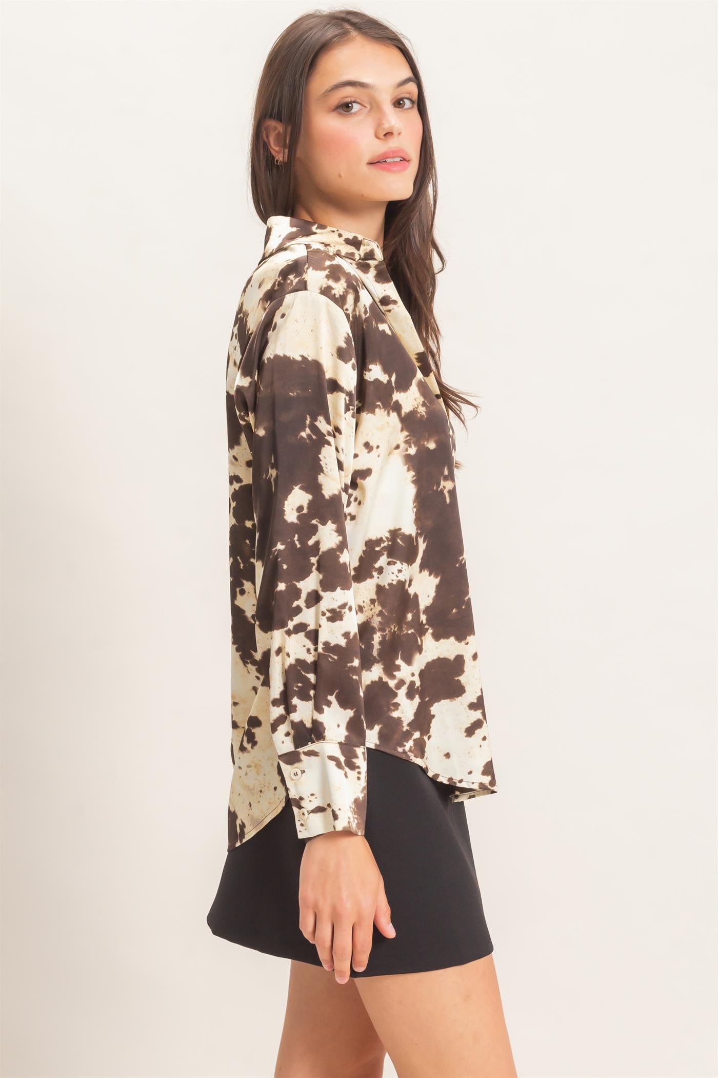 Wholesale Satin Cow Print Button-Up Shirt Clothing Tops HF26E554 BROWN HYFVE