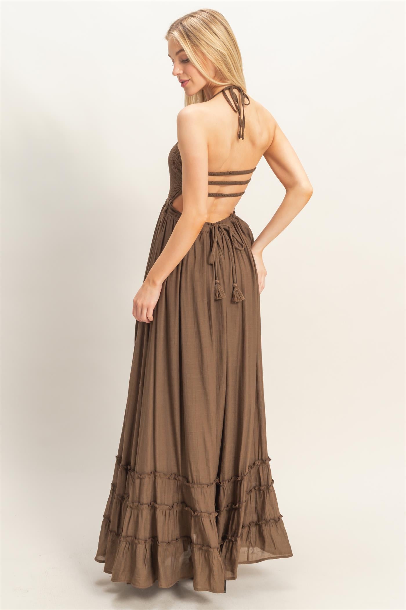 Wholesale Smocked Halter Maxi Dress Dresses HF26C290-D CHOCOLATE HYFVE
