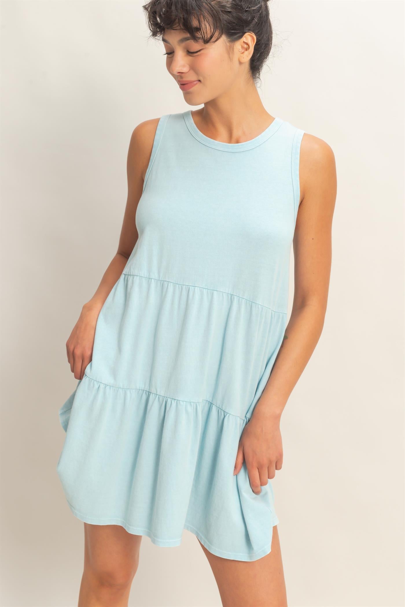 Wholesale Sleeveless Crewneck Tiered Mini Dress Dresses DZ26C208 BLUE DOUBLE ZERO