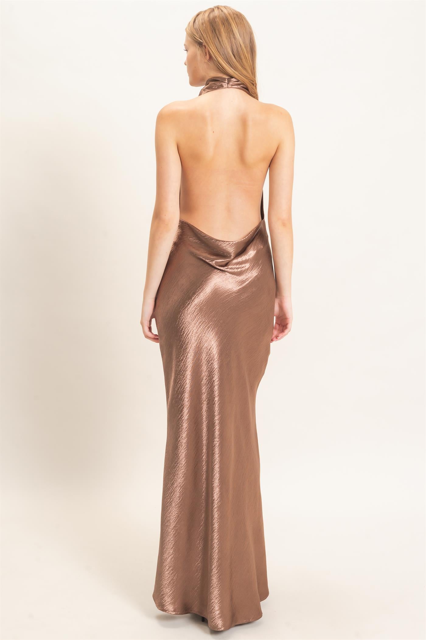 Wholesale Satin Cowl Neck Maxi Dress Dresses HF26F216-D BROWN HYFVE