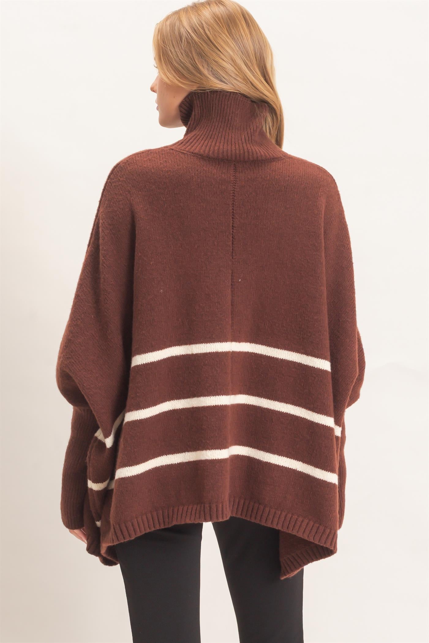 Wholesale Striped Turtleneck Poncho Sweater Sweaters HF26F194 BROWN HYFVE