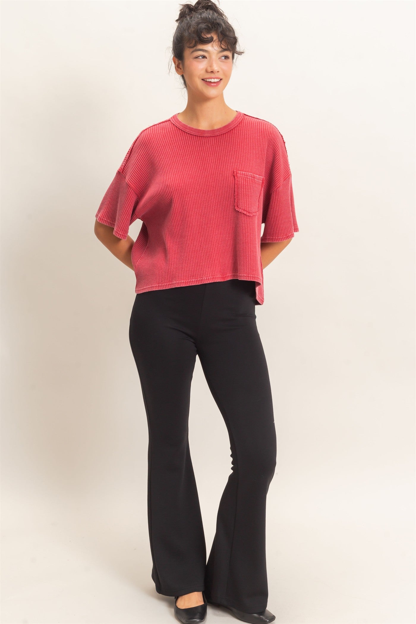Wholesale Mineral Wash Waffle Knit Pocket Top Clothing Tops DZ26E222 DARK RED DOUBLE ZERO