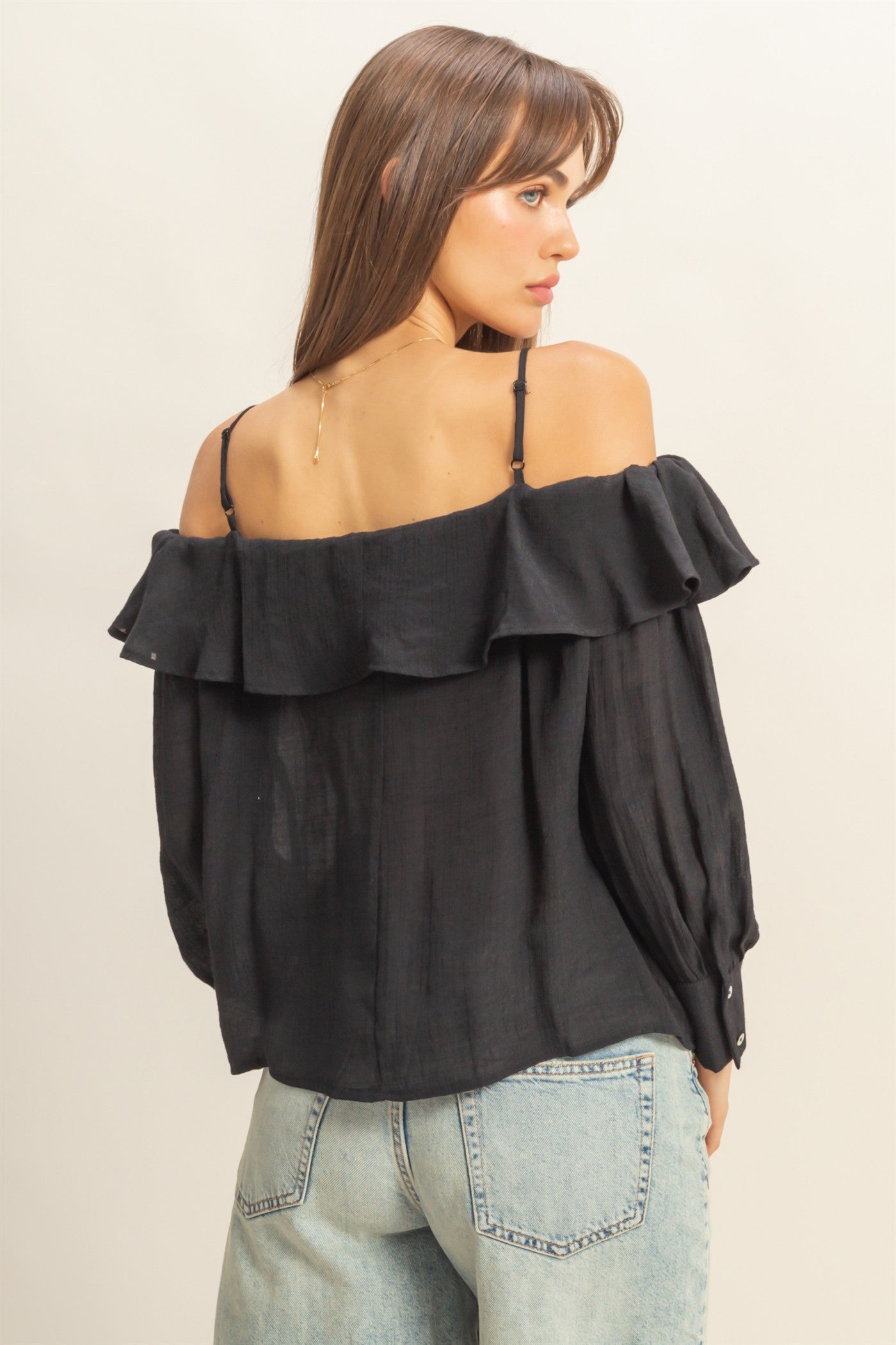 Wholesale Cold-Shoulder Ruffled Blouse Clothing Tops HF23C787 BLACK HYFVE