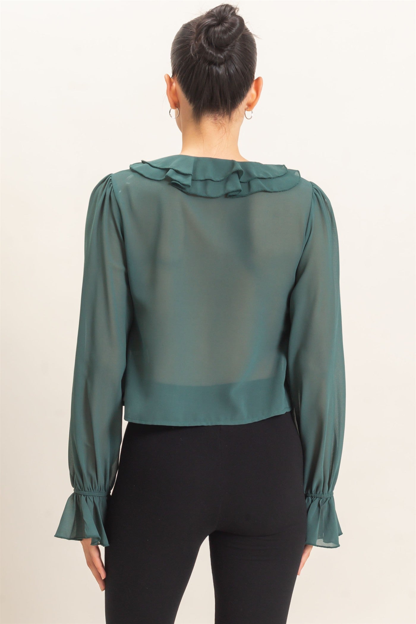 Wholesale Ruffled V-Neck Blouse Blouses HF26F066 TEAL GREEN HYFVE